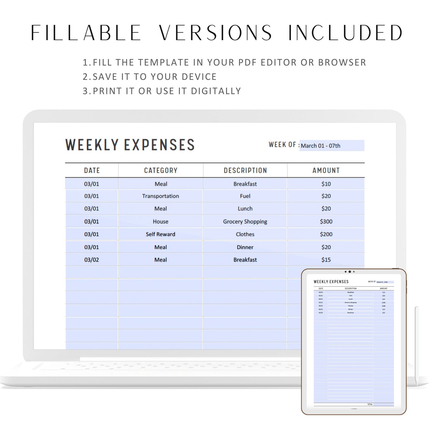 Fillable Weekly Expenses Tracker Printable, Weekly Spending Log, Spending Tracker, Spending Log Template, A4, A5, Letter, Half Letter, PDF