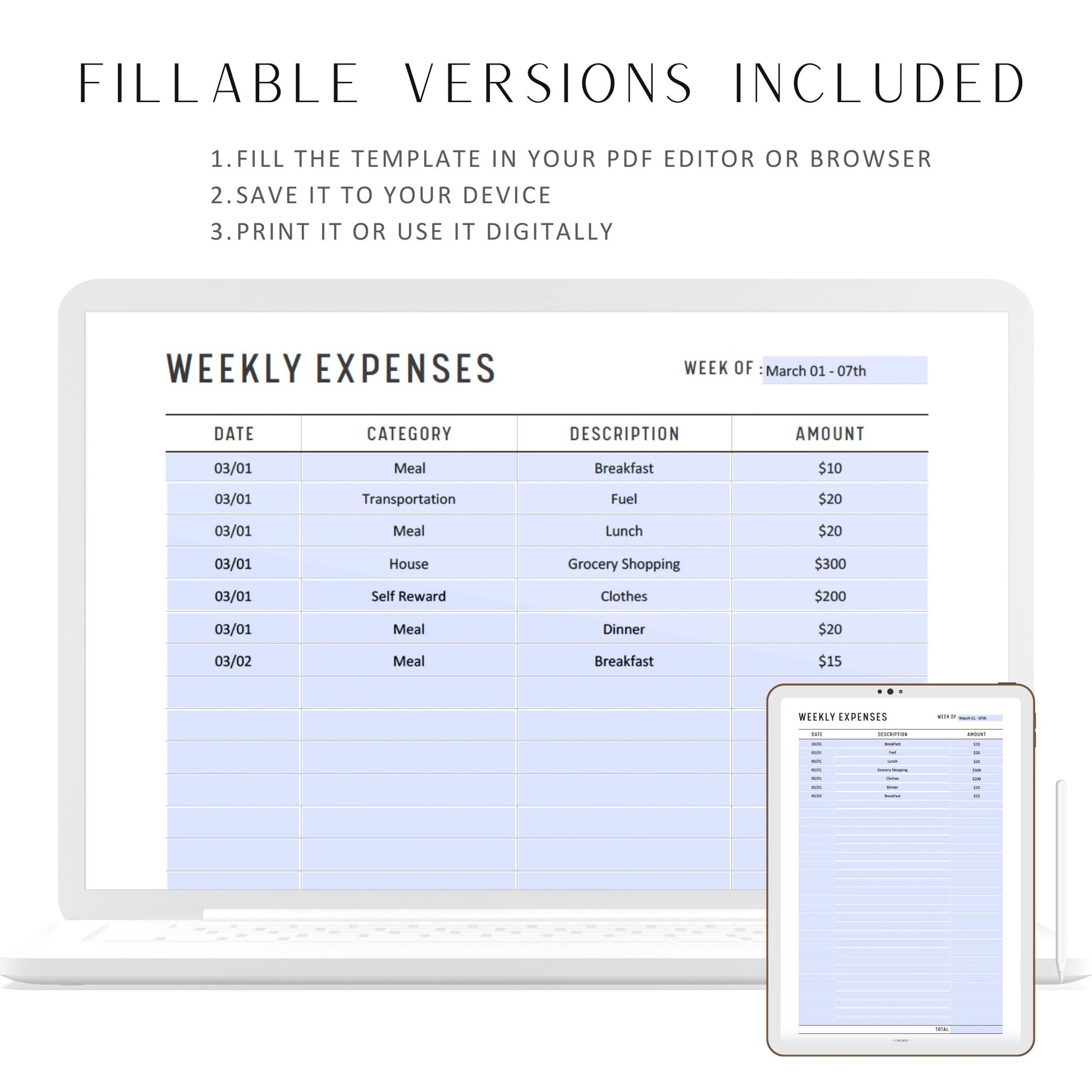 Fillable Weekly Expenses Tracker Printable, Weekly Spending Log, Spending Tracker, Spending Log Template, A4, A5, Letter, Half Letter, PDF