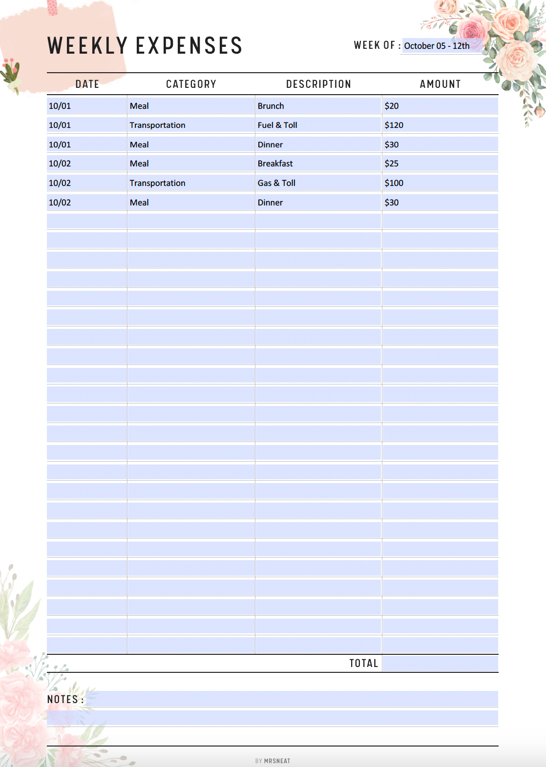 Fillable Weekly Expenses Tracker Printable, Weekly Spending Planner, Spending Tracker Page, Spending Log Template, A4/A5/Letter/Half Letter