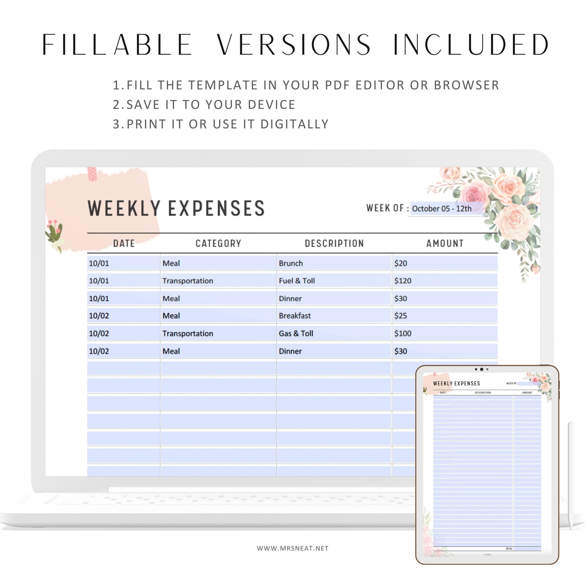 Fillable Weekly Expenses Tracker Printable, Weekly Spending Planner, Spending Tracker Page, Spending Log Template, A4/A5/Letter/Half Letter