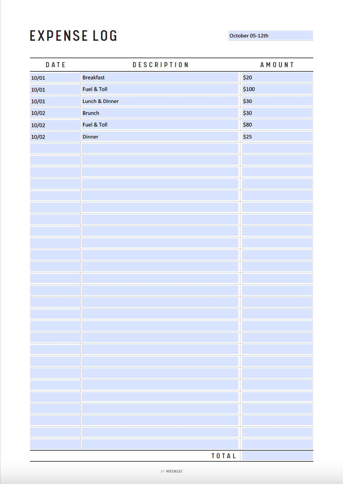 Expense Log Printable - M117/8 – mrsneat