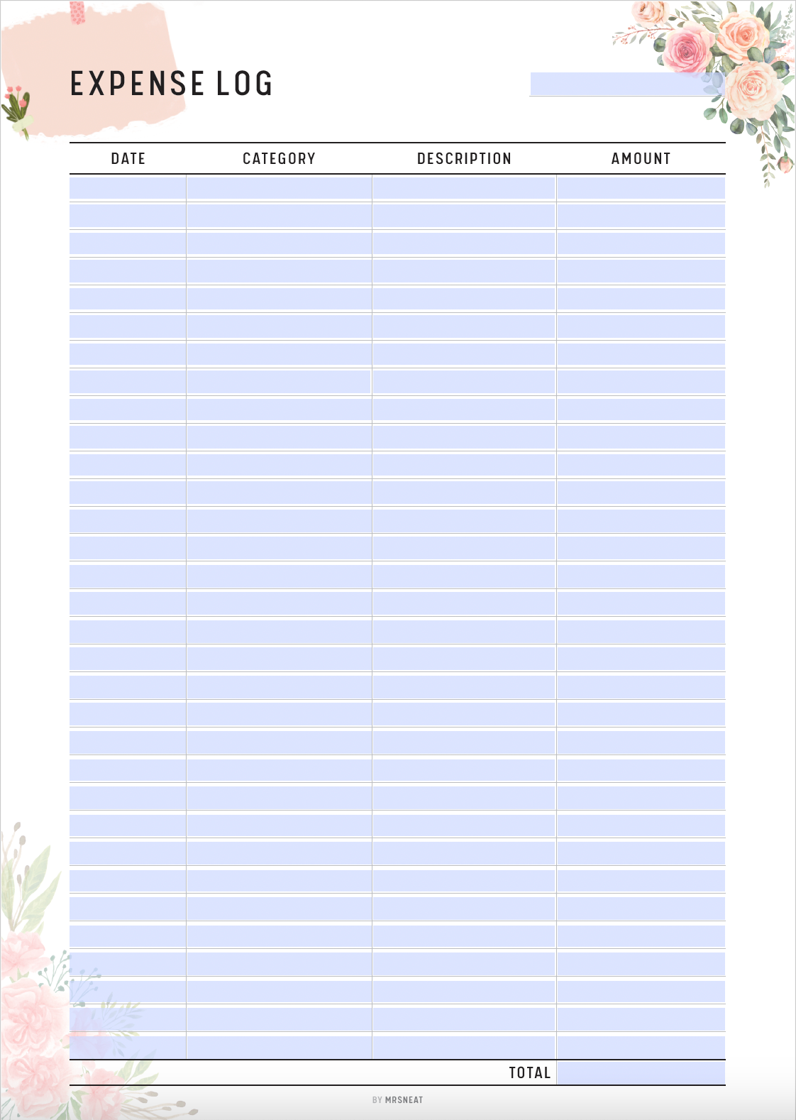 Floral Expense Log Printable, Spending Tracker Template, Fillable Expense Tracker, Bill Tracker, Budget Tracker, A4, Letter, Half Letter, A5