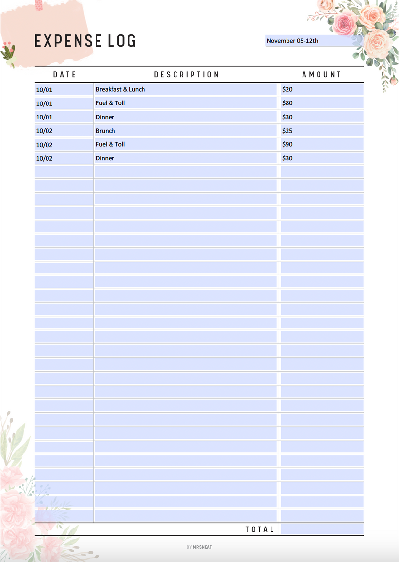 Expense Log Printable - M117/8 – mrsneat