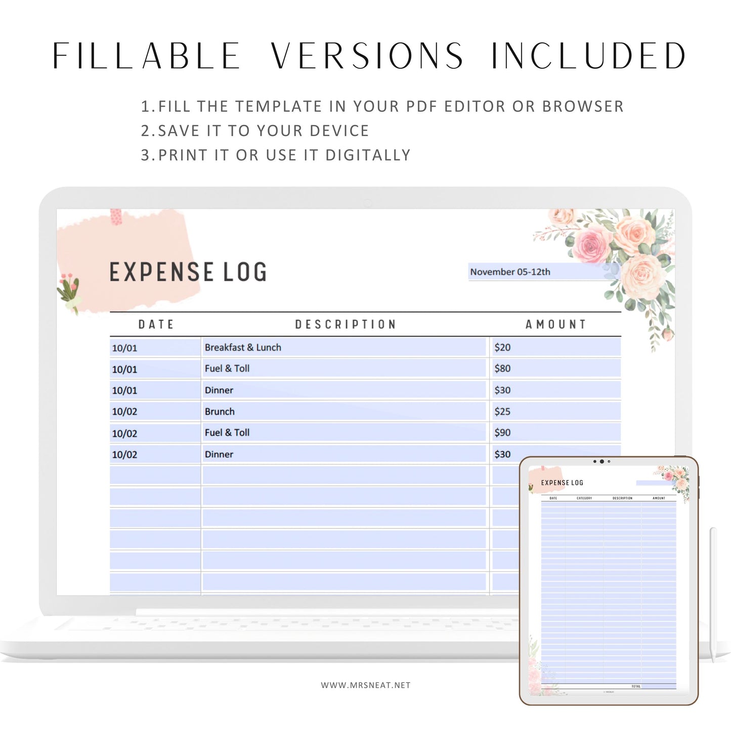 Floral Expense Log Printable, Spending Tracker Template, Fillable Expense Tracker, Bill Tracker, Budget Tracker, A4, Letter, Half Letter, A5