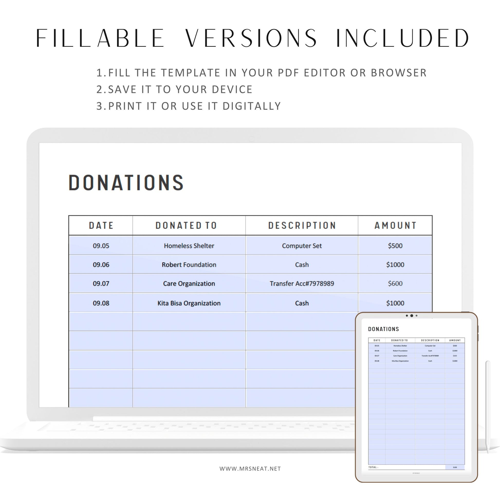 Fillable Donation Tracker Printable, Charity Donation Tracker, Charity Donation Receipt, Donation Log, PDF, A4, A5, Letter, Half Letter