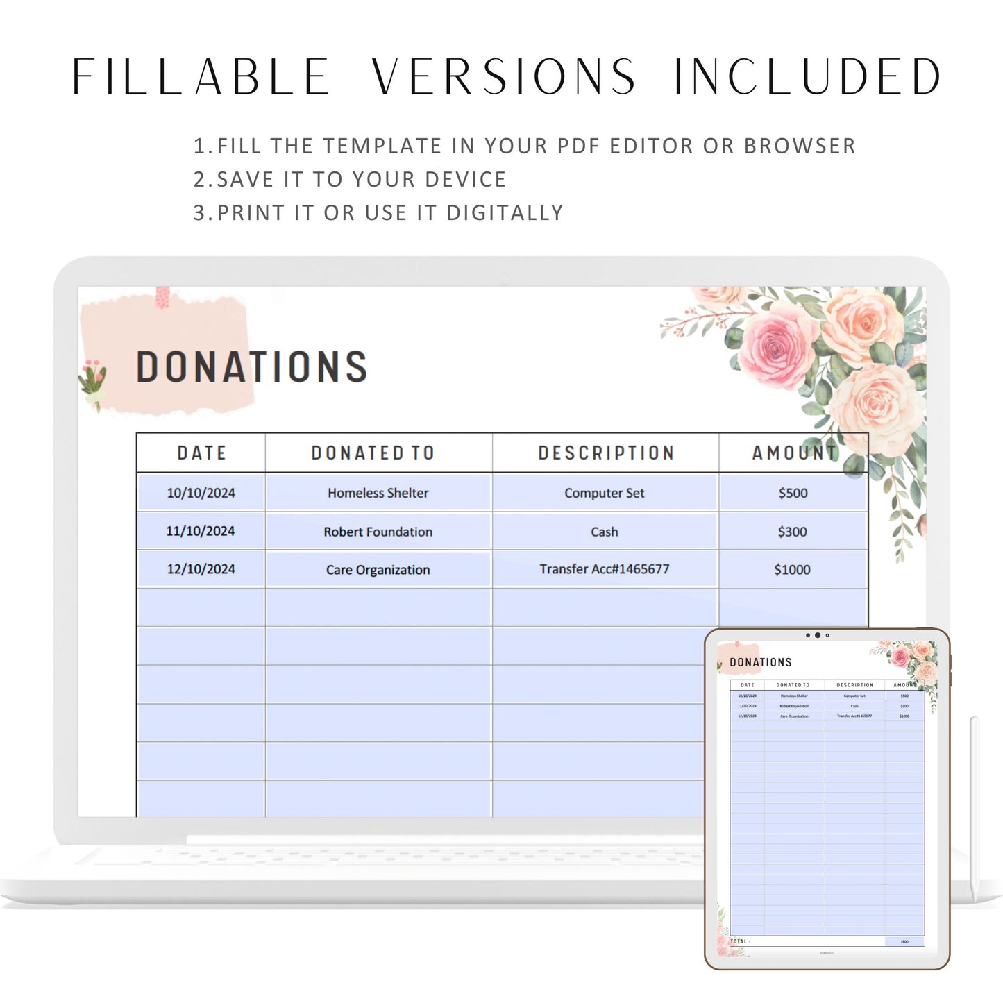 Floral Donation Tracker Printable, Fillable Charity Donation Tracker, Spending Tracker, Expense Tracker, PDF, A4, A5, Letter, Half Letter