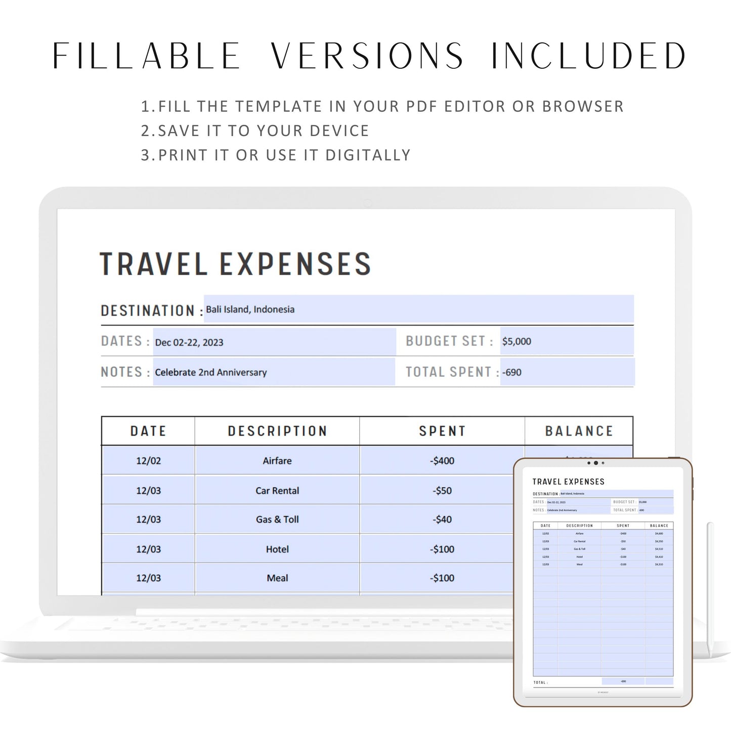 Fillable Travel Expenses Printable, Vacation Tracker, Travel Report, Vacation Expenses List, Travel Spending Tracker, Expense Tracker, PDF