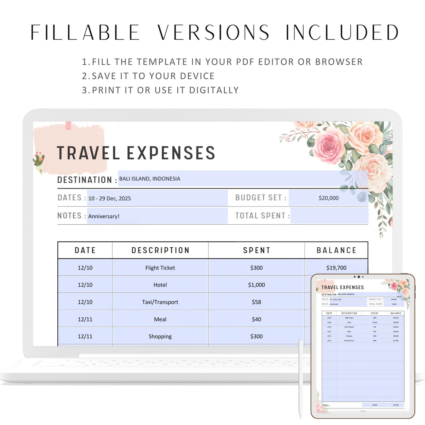 Floral Travel Expenses Tracker Printable, Vacation Tracker, Fillable Travel Report, Vacation Expenses, Travel Spending , Holiday Expenses