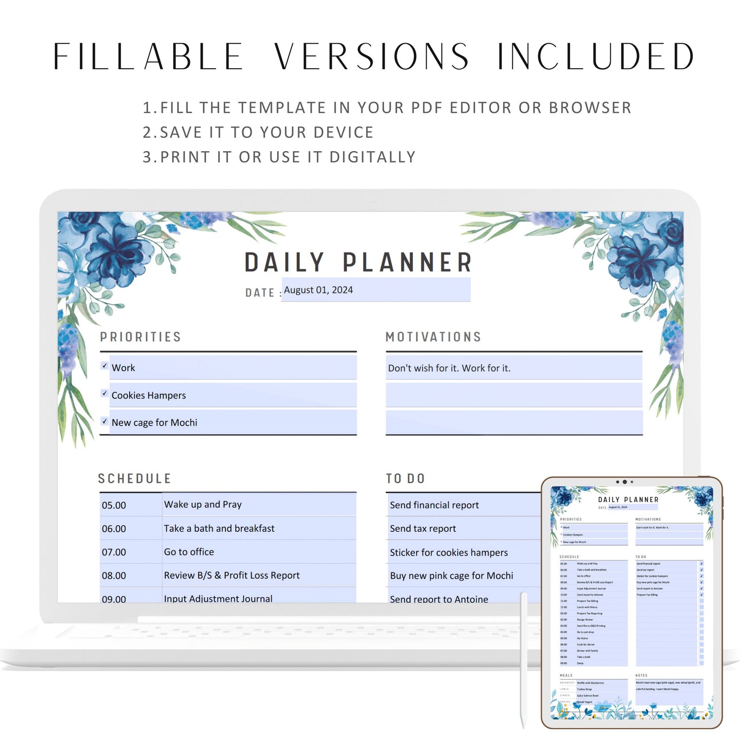 Daily Planner Printable, Daily Schedule Template, Daily Agenda Journal Page, Planner Page, Daily Schedule, A4, A5, Letter, Half Letter, PDF, Digital Planner, Fillable PDF, Printable Planner, Blue Floral Theme