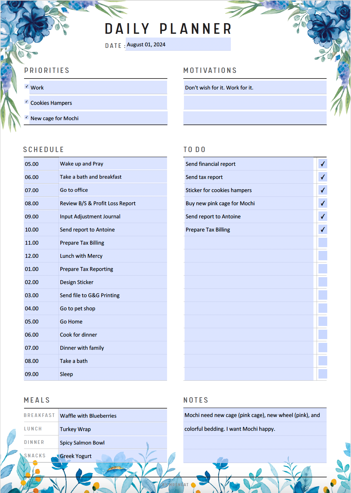 Daily Planner Printable, Daily Schedule Template, Daily Agenda Journal Page, Planner Page, Daily Schedule, A4, A5, Letter, Half Letter, PDF, Digital Planner, Fillable PDF, Printable Planner, Blue Floral Theme