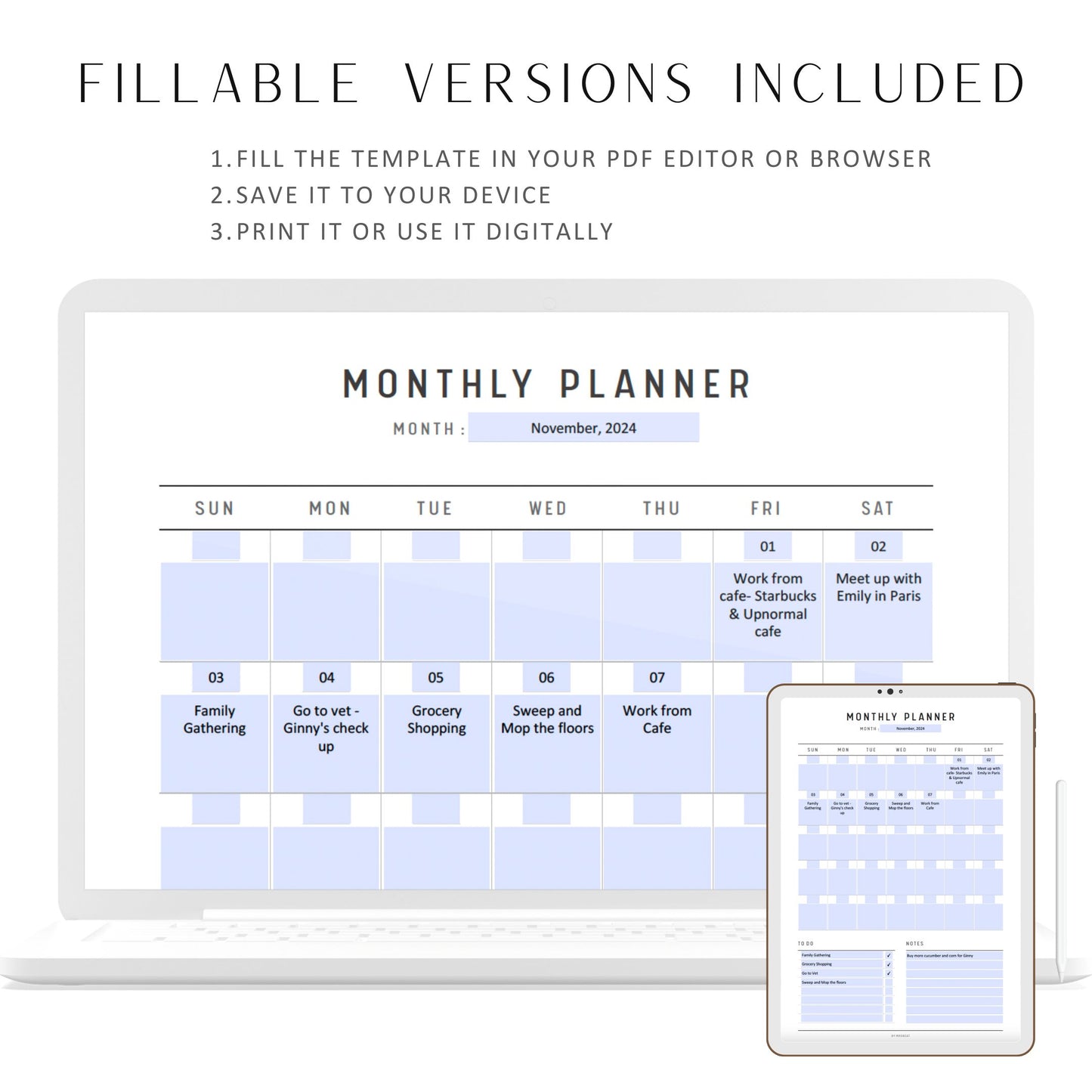 Minimalist Monthly Planner Printable, Digital Planner, Printable Inserts, A4, A5, Letter, Half Letter, Fillable PDF, Digital Planner, Printable Planner