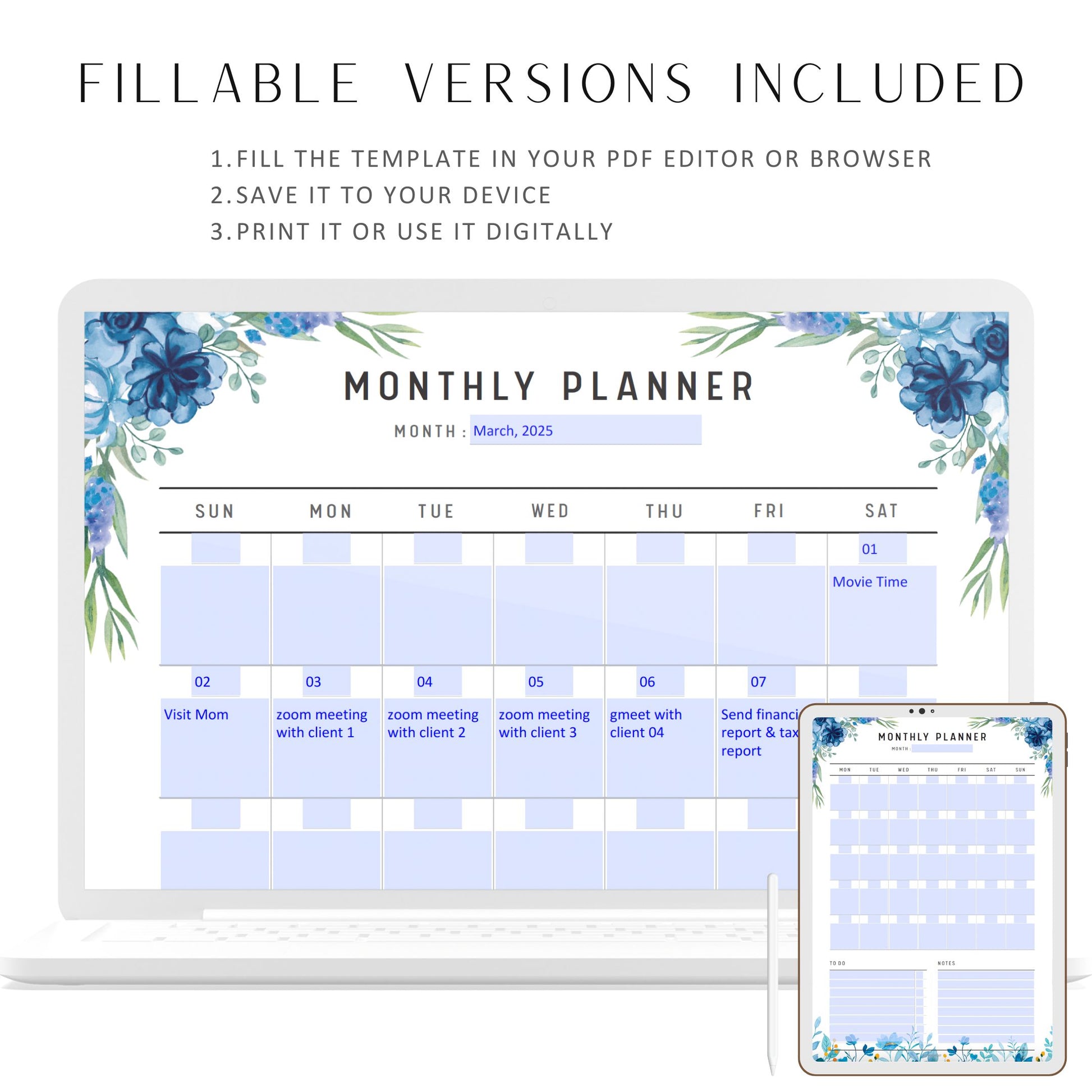 Monthly Planner Printable, Fillable Monthly Schedule, Monthly To Do List Page, Month at a glance, Monthly Organizer, Blue Floral, A4, A5, Letter, Half Letter, Digital Planner, Fillable PDF, Printable Planner