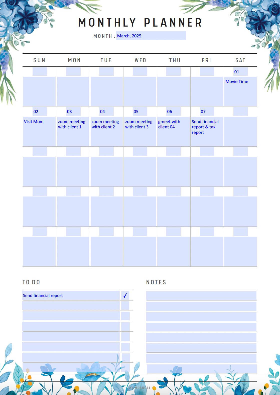 Monthly Planner Printable, Fillable Monthly Schedule, Monthly To Do List Page, Month at a glance, Monthly Organizer, Blue Floral, A4, A5, Letter, Half Letter, Digital Planner, Fillable PDF, Printable Planner