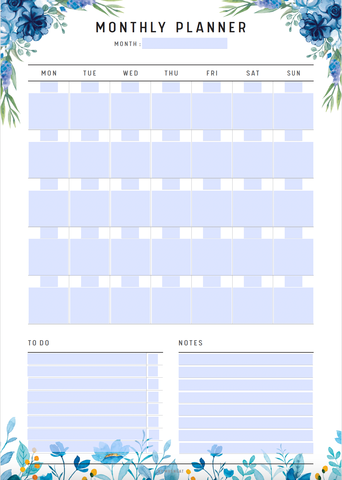 Monthly Planner Printable, Fillable Monthly Schedule, Monthly To Do List Page, Month at a glance, Monthly Organizer, Blue Floral, A4, A5, Letter, Half Letter, Digital Planner, Fillable PDF, Printable Planner