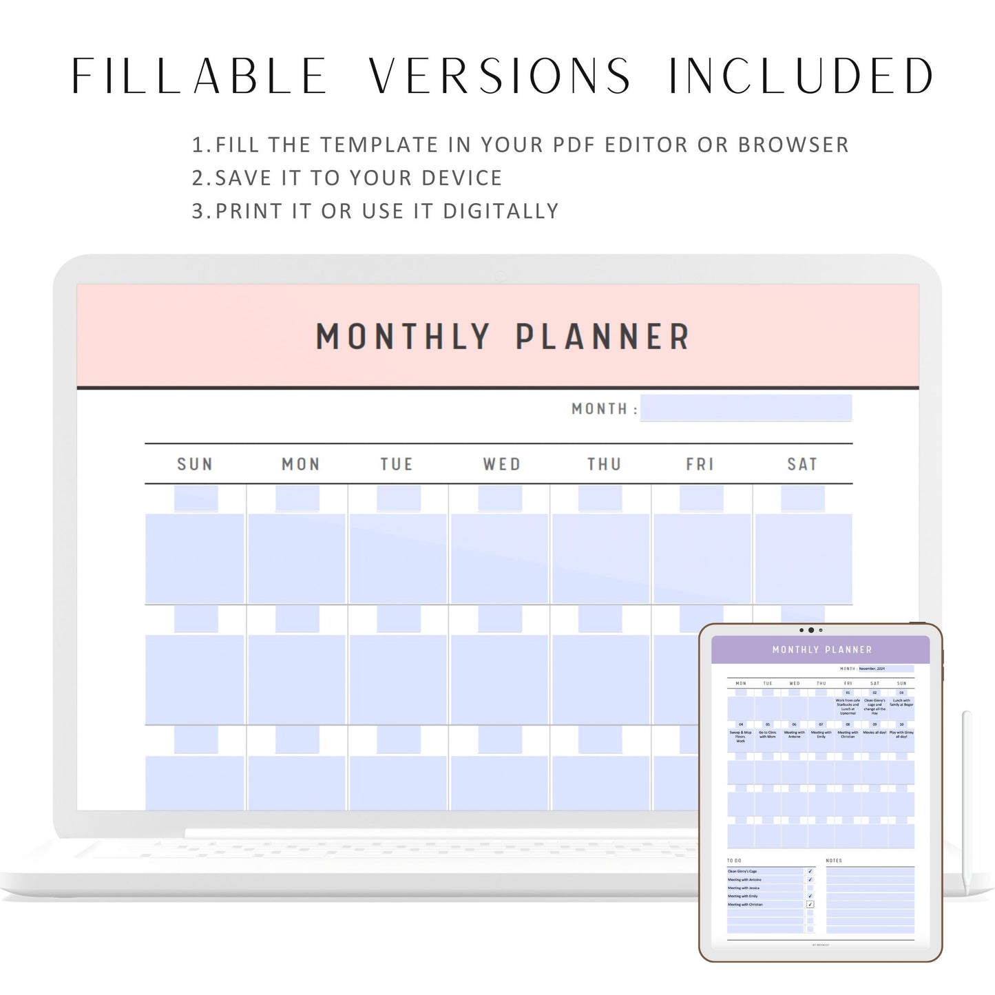 Undated Monthly Planner Printable, Blank Monthly Planner, Monthly Agenda, Monthly Organizer, Month at a glance, Month on one page, 10 Colors, A4, Letter, PDF, Digital Planner, Colorful Planner