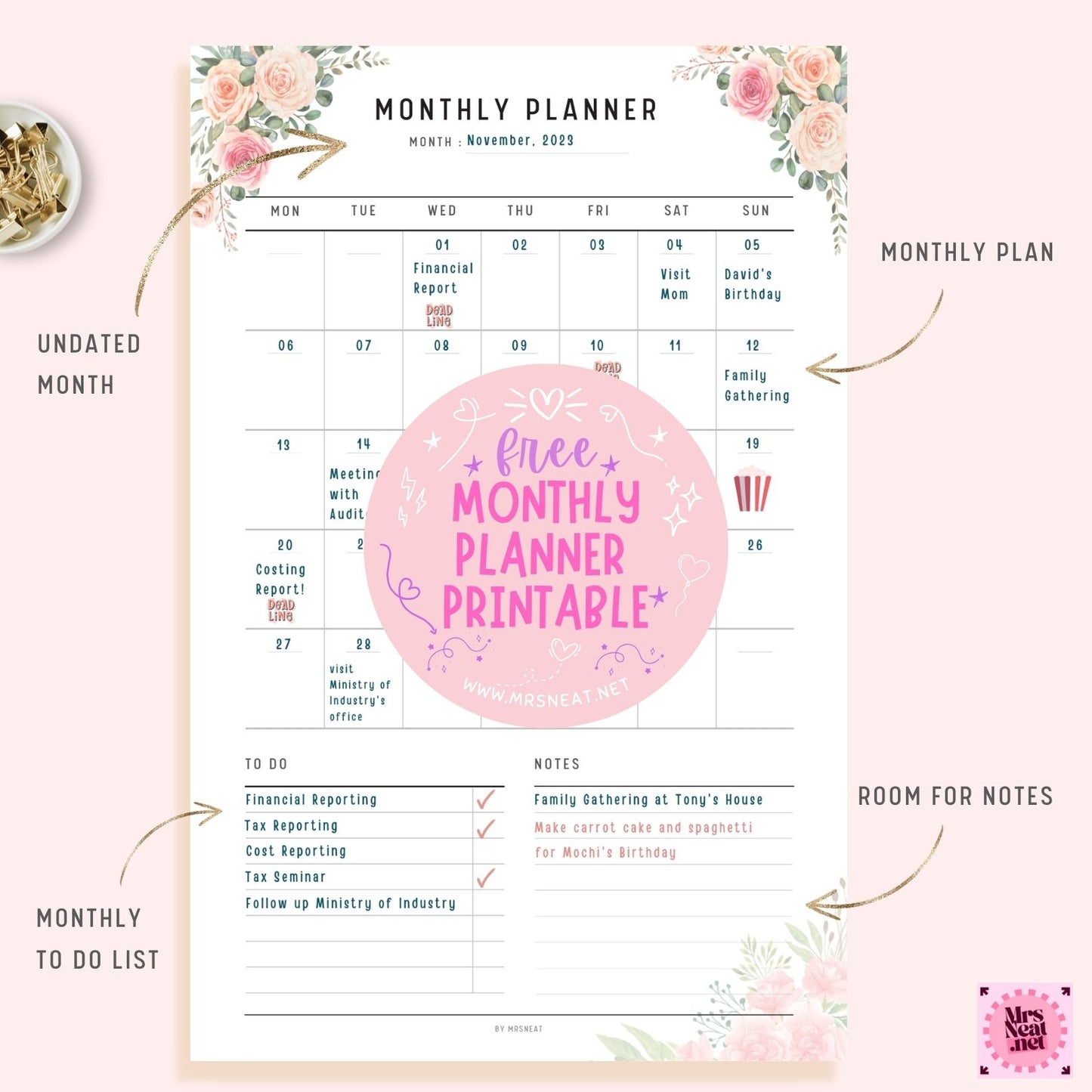 How To Use Undated Beautiful Floral Rose Gold Monthly Planner Printable