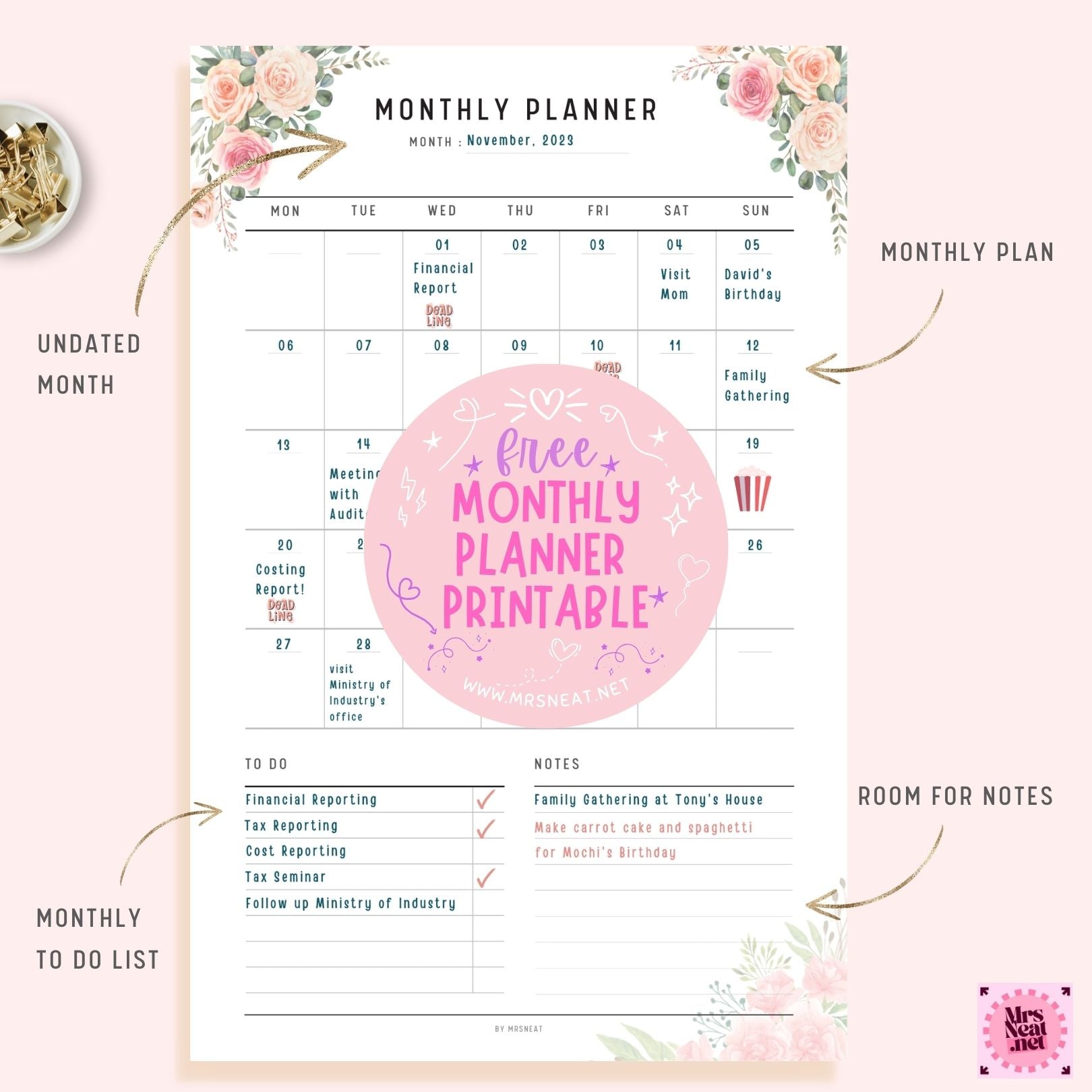 How To Use Undated Beautiful Floral Rose Gold Monthly Planner Printable