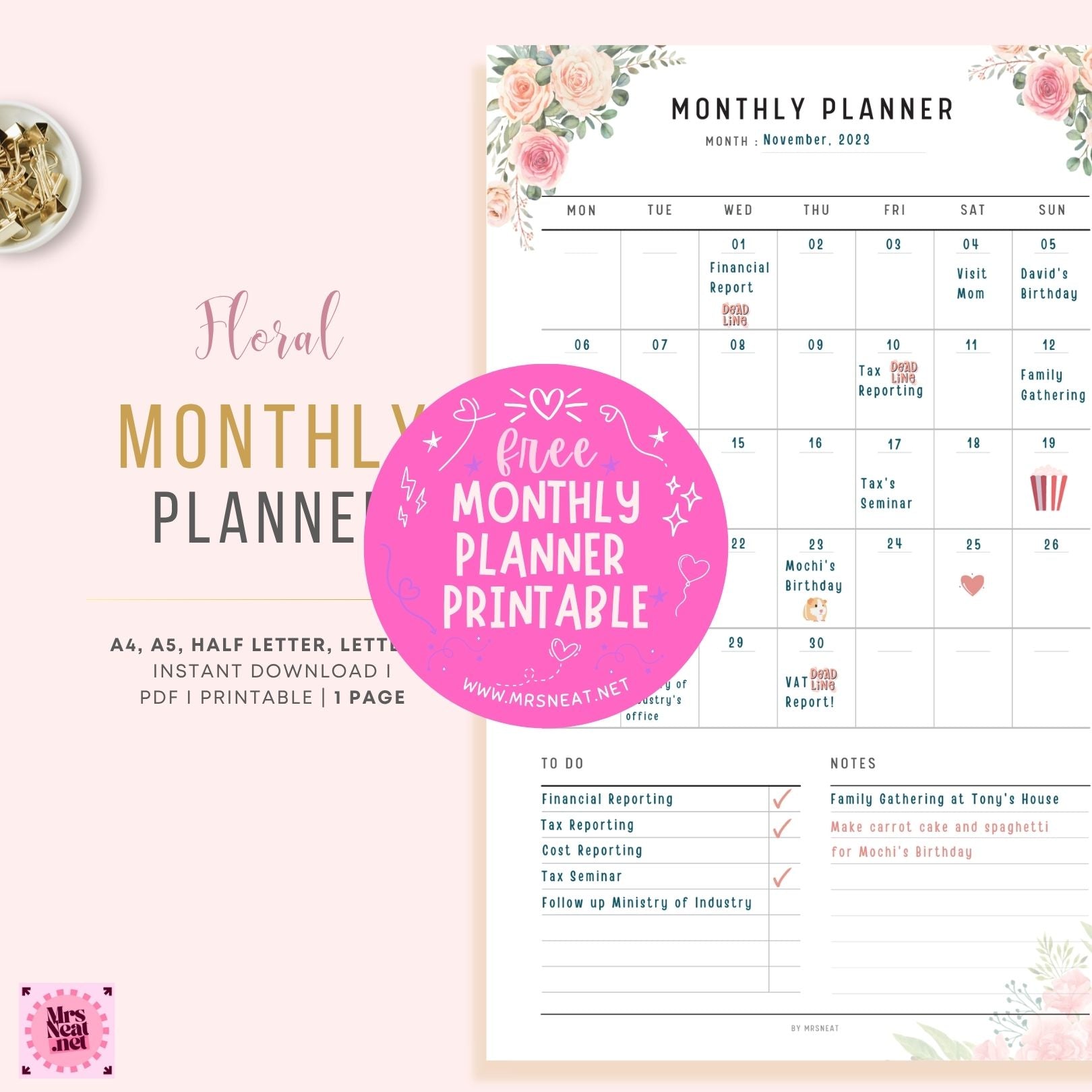 FREE Pink Blush Floral Monthly Planner Printable, FILLABLE PDF, A4, A5, Letter, Half Letter