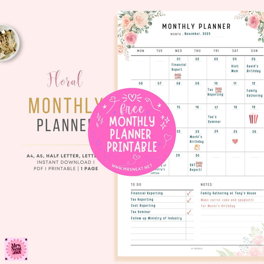 FREE Pink Blush Floral Monthly Planner Printable, FILLABLE PDF, A4, A5, Letter, Half Letter