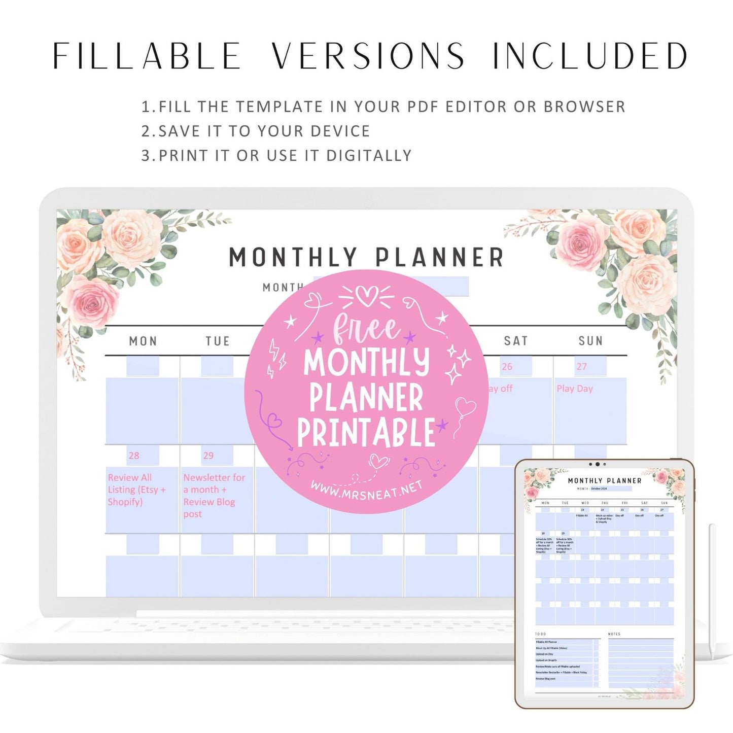 FREE Rose Gold Floral Monthly Planner Printable, FILLABLE PDF can be used on Tablet and Computer