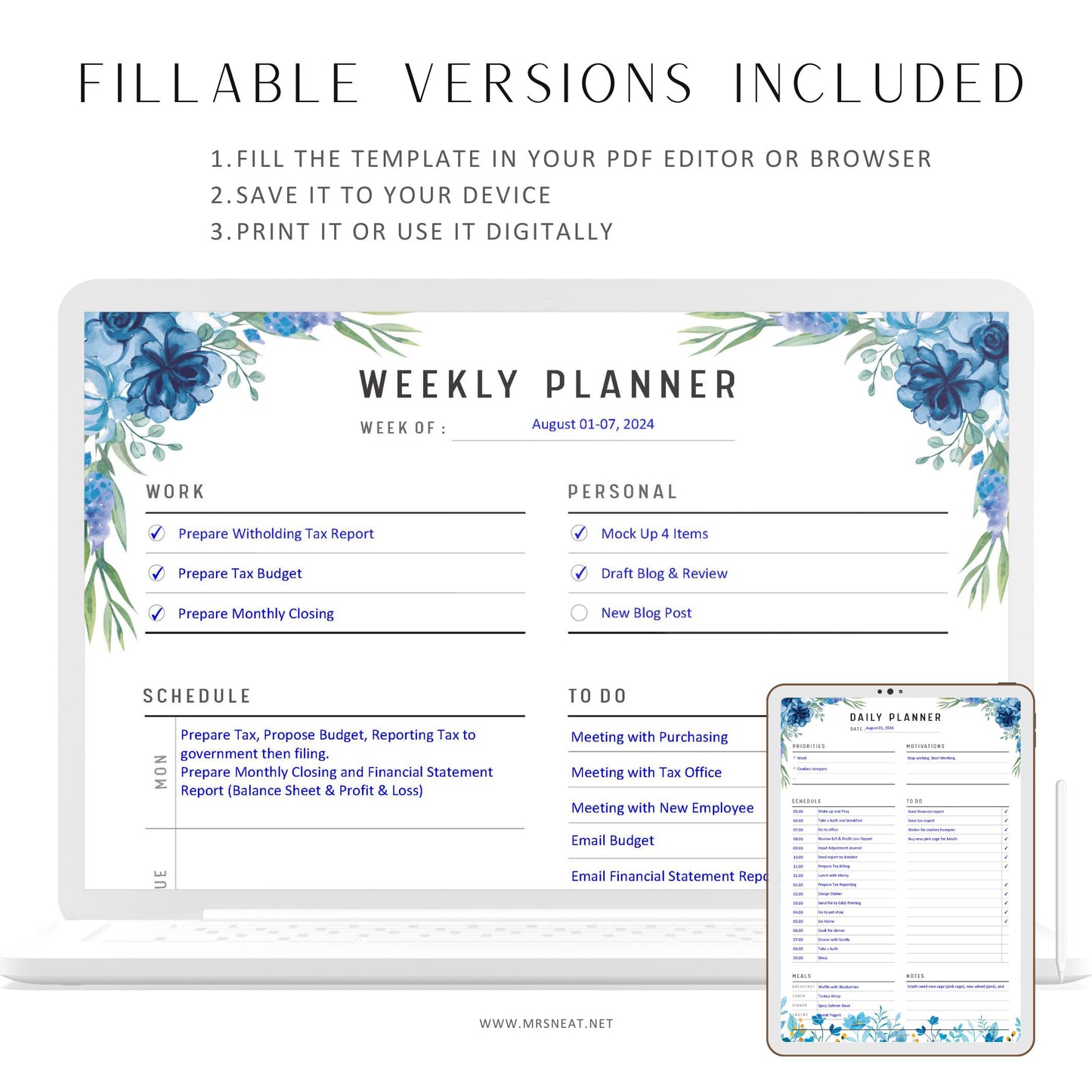 Fillable Daily, Weekly & Monthly Planner Printable Bundle, Floral Printable Planner, A4, A5, Letter, Half letter, pdf