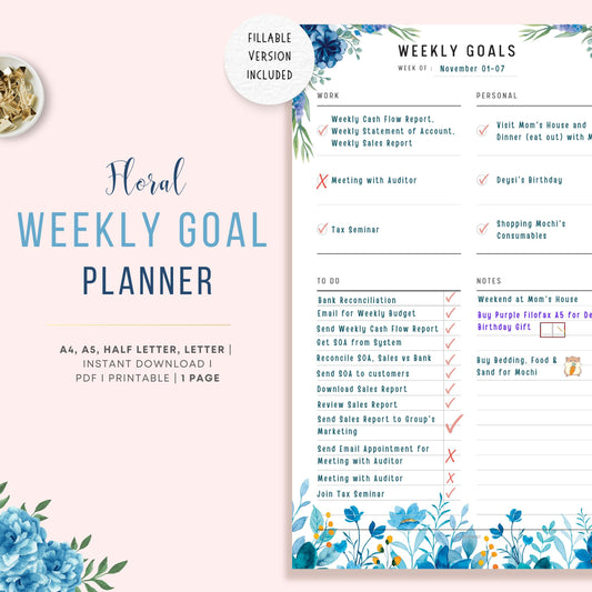 Fillable Weekly Goal Planner Printable, Productivity Planner, Weekly To Do List, Week at a glance, Weekly Agenda, A4/A5/Letter/Half Letter