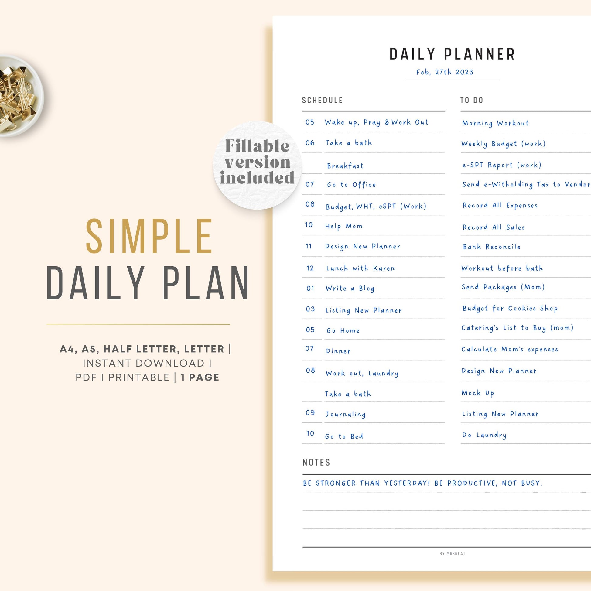 Minimalist Daily Planner Printable, Fillable Daily To Do List, Daily Planner Template, Daily Agenda, PDF, A4, A5, Letter, Half Letter, Instant Download, Digital Planner, Printable Planner