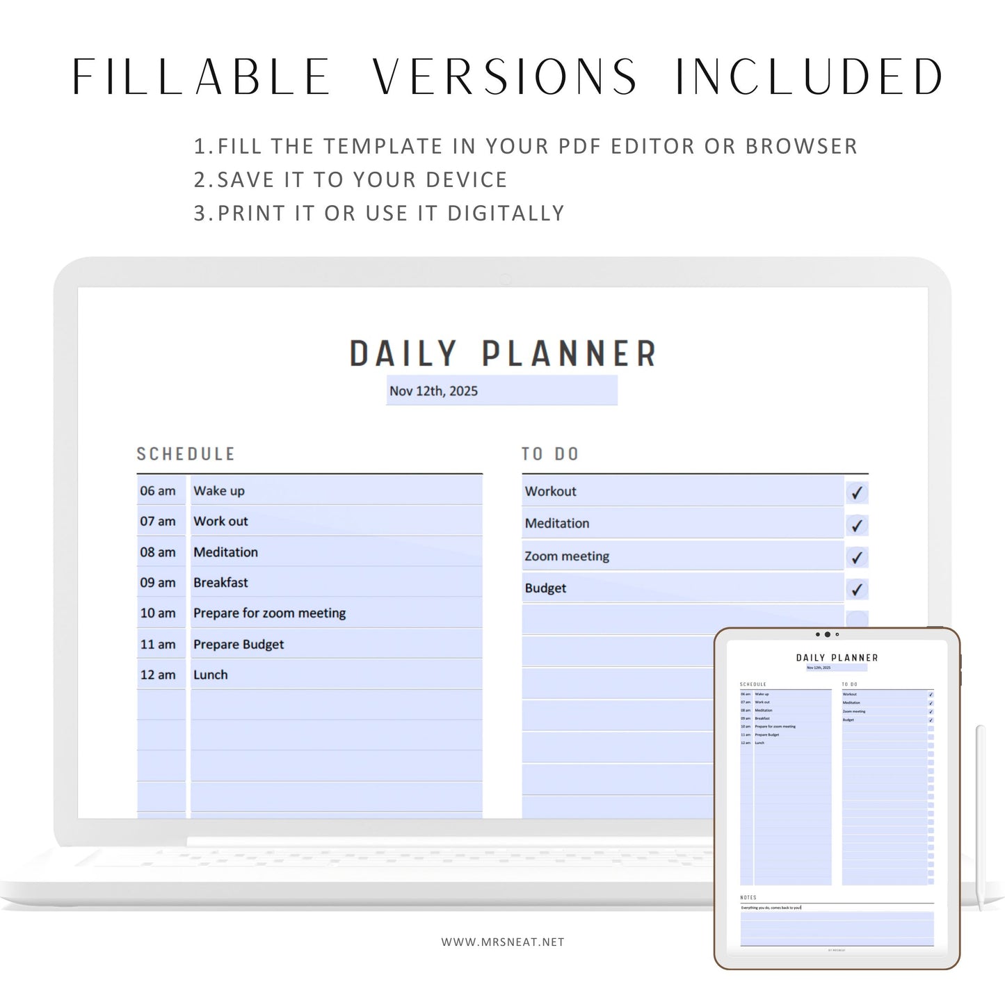 Minimalist Daily Planner Printable, Fillable Daily To Do List, Daily Planner Template, Daily Agenda, PDF, A4, A5, Letter, Half Letter