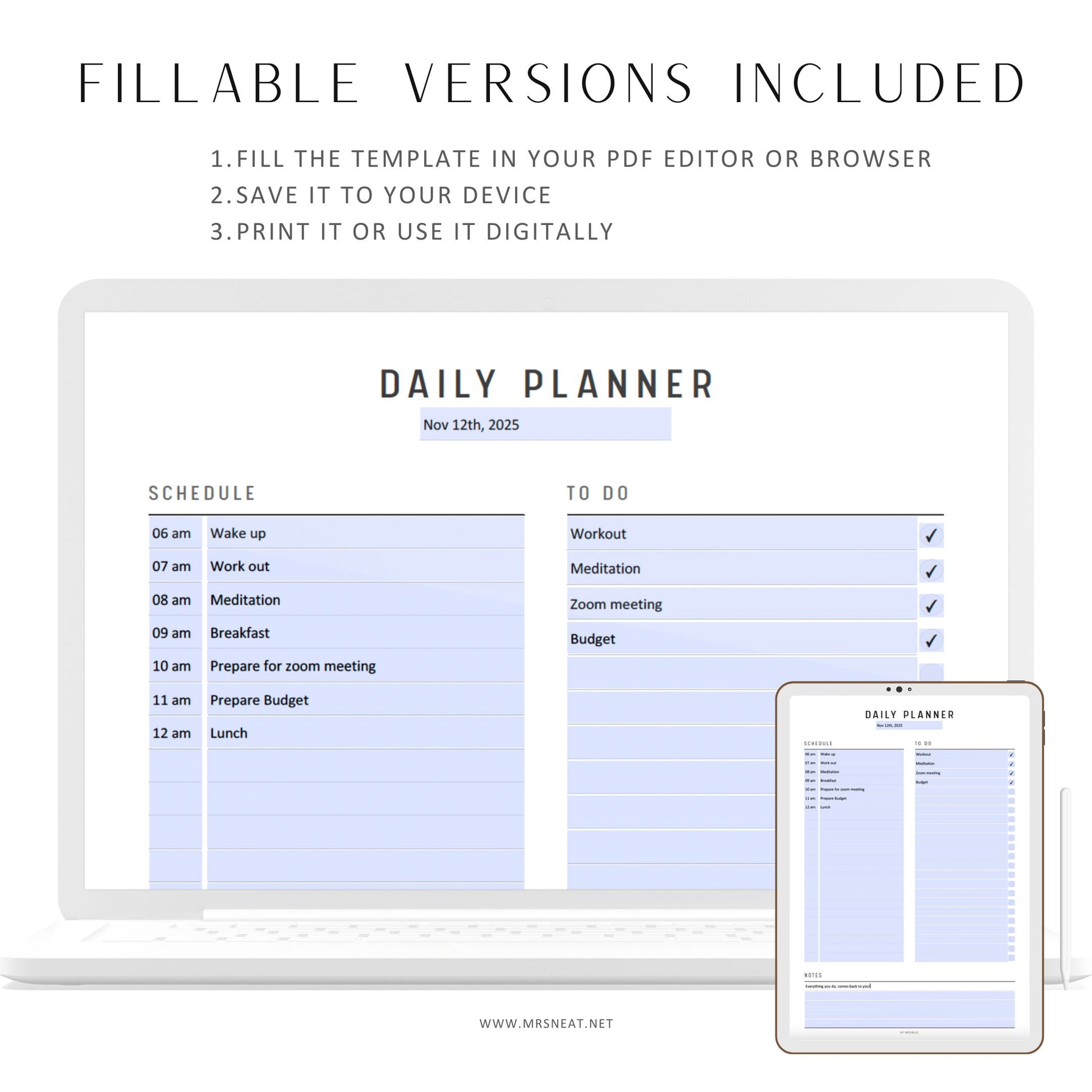 Minimalist Daily Planner Printable, Fillable Daily To Do List, Daily Planner Template, Daily Agenda, PDF, A4, A5, Letter, Half Letter