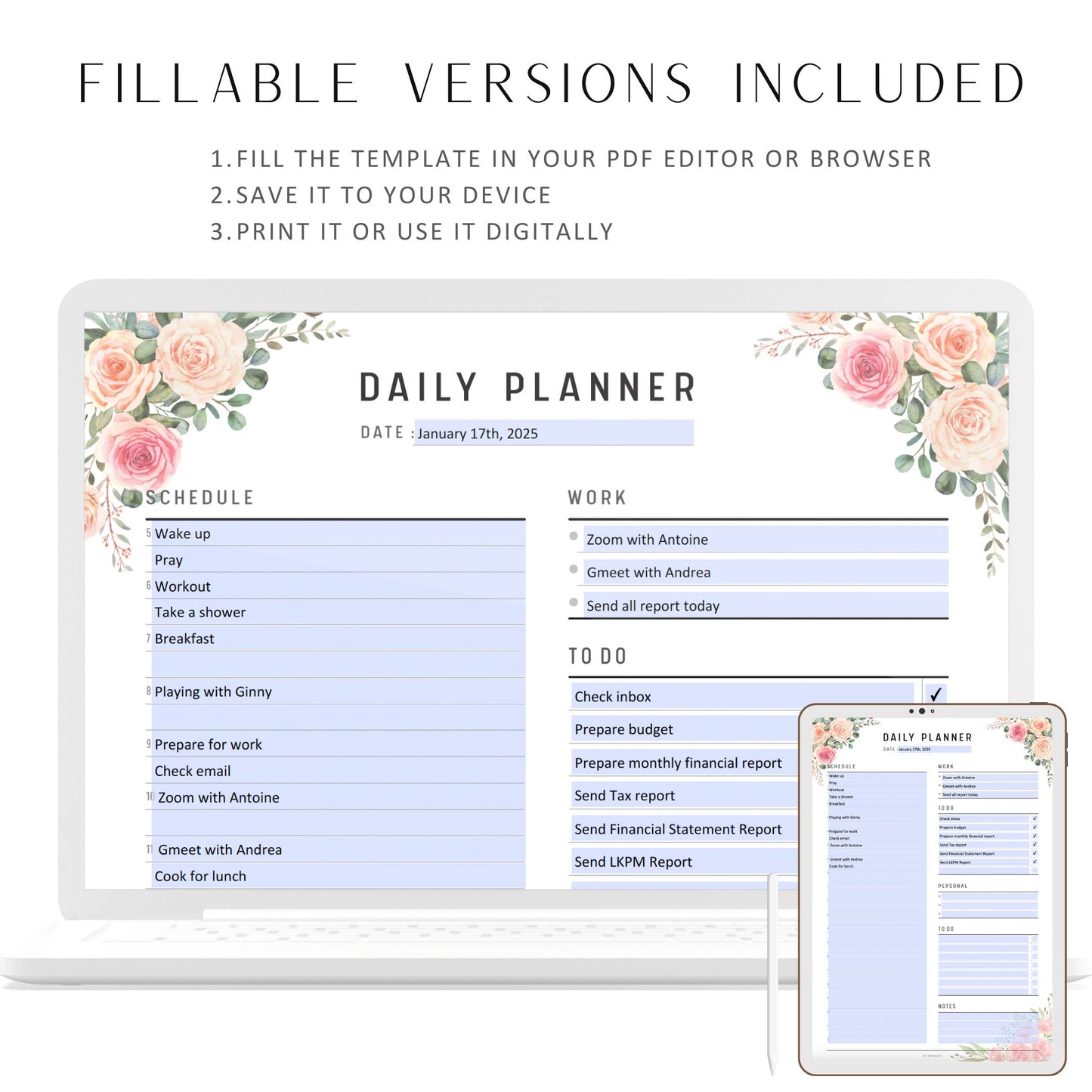 Fillable Work From Home Planner, Daily To Do List Printable, Productive Planner, Remote Work Template, Work Day Organizer, Work Planner, Digital Planner, Fillable PDF, Printable Planner, Floral Theme, A4, A5, Letter, Half Letter