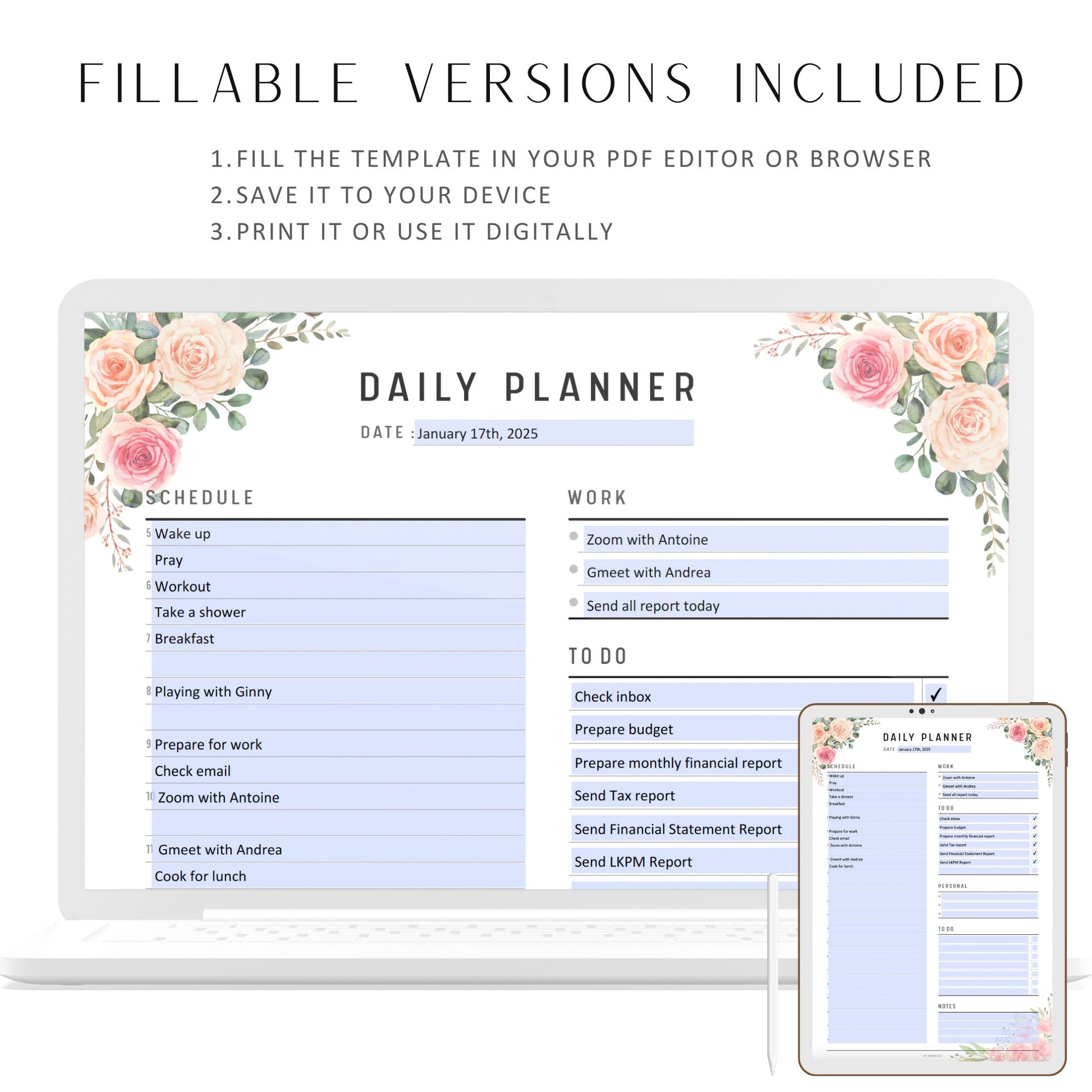 Fillable Work From Home Planner, Daily To Do List Printable, Productive Planner, Remote Work Template, Work Day Organizer, Work Planner, Digital Planner, Fillable PDF, Printable Planner, Floral Theme, A4, A5, Letter, Half Letter