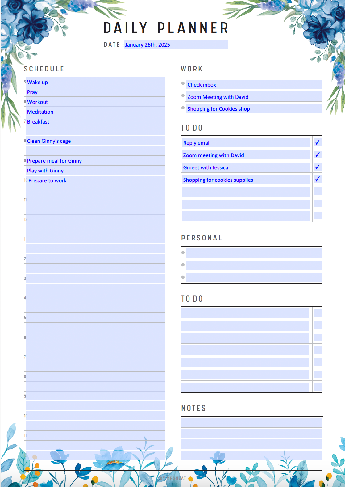 Fillable Work From Home Planner, Daily To Do List for Work & Personal Life, Business Planner, Remote Work, Work day planner, Daily Organizer, Editable Planner, Digital Planner, Printable Planner, A4, A5, Letter, Half Letter, Blue Floral Theme