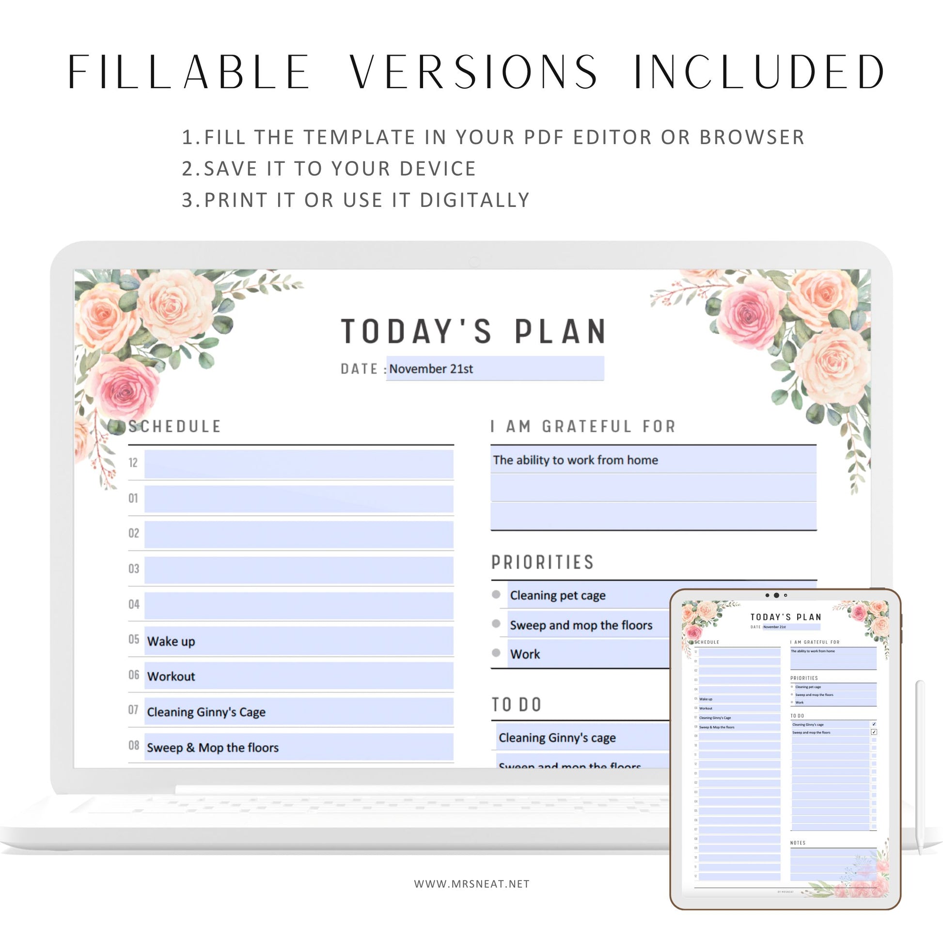 Fillable Daily Planner Printable, Productivity Planner, Hourly Schedule Planner, Daily Schedule, Time Blocking, A4, A5, Letter, Half Letter