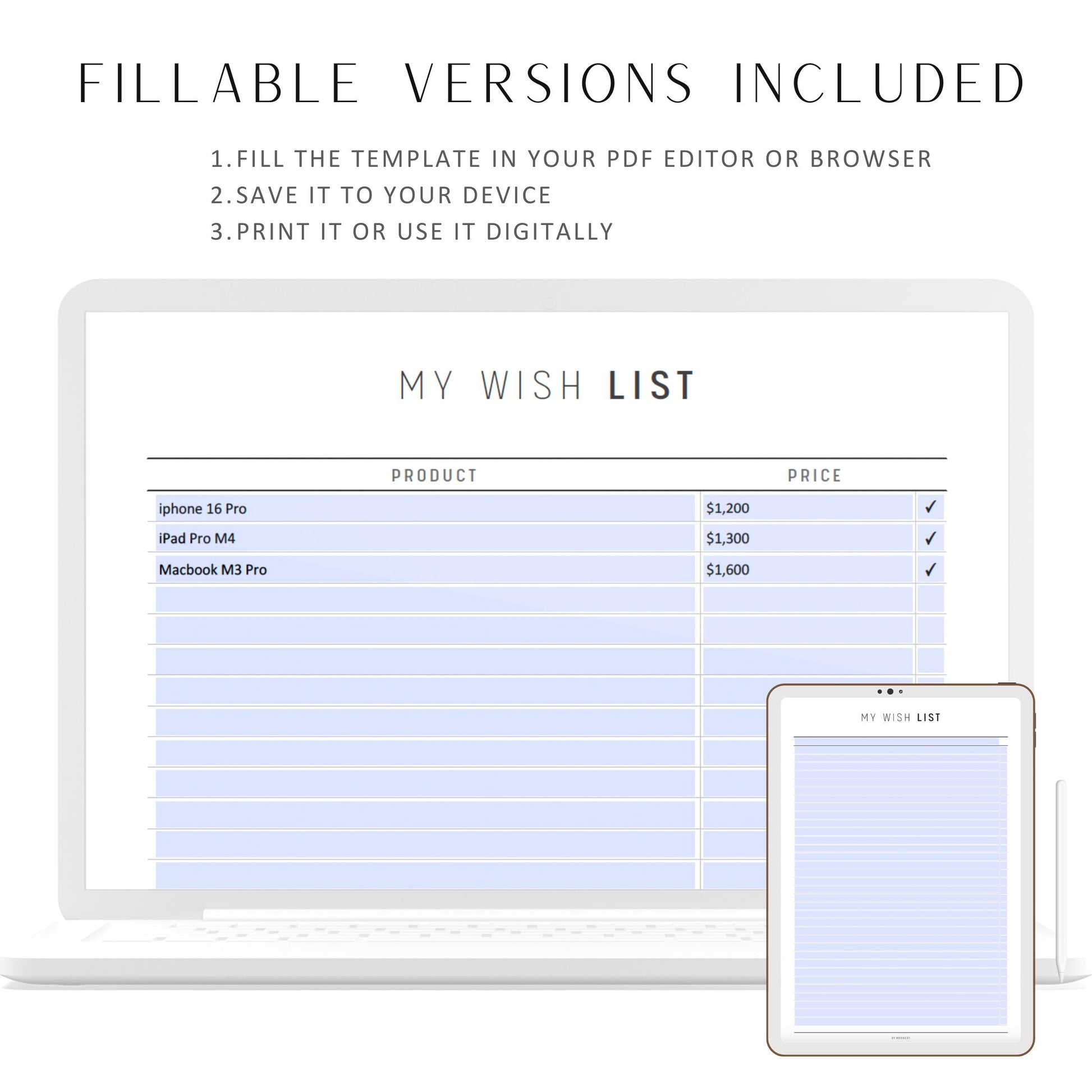 Wish List Planner, Shopping List, Shopping Tracker, To buy list, Bucket List Planner, Manifestation check,  A4, A5, Letter, Half Letter, PDF