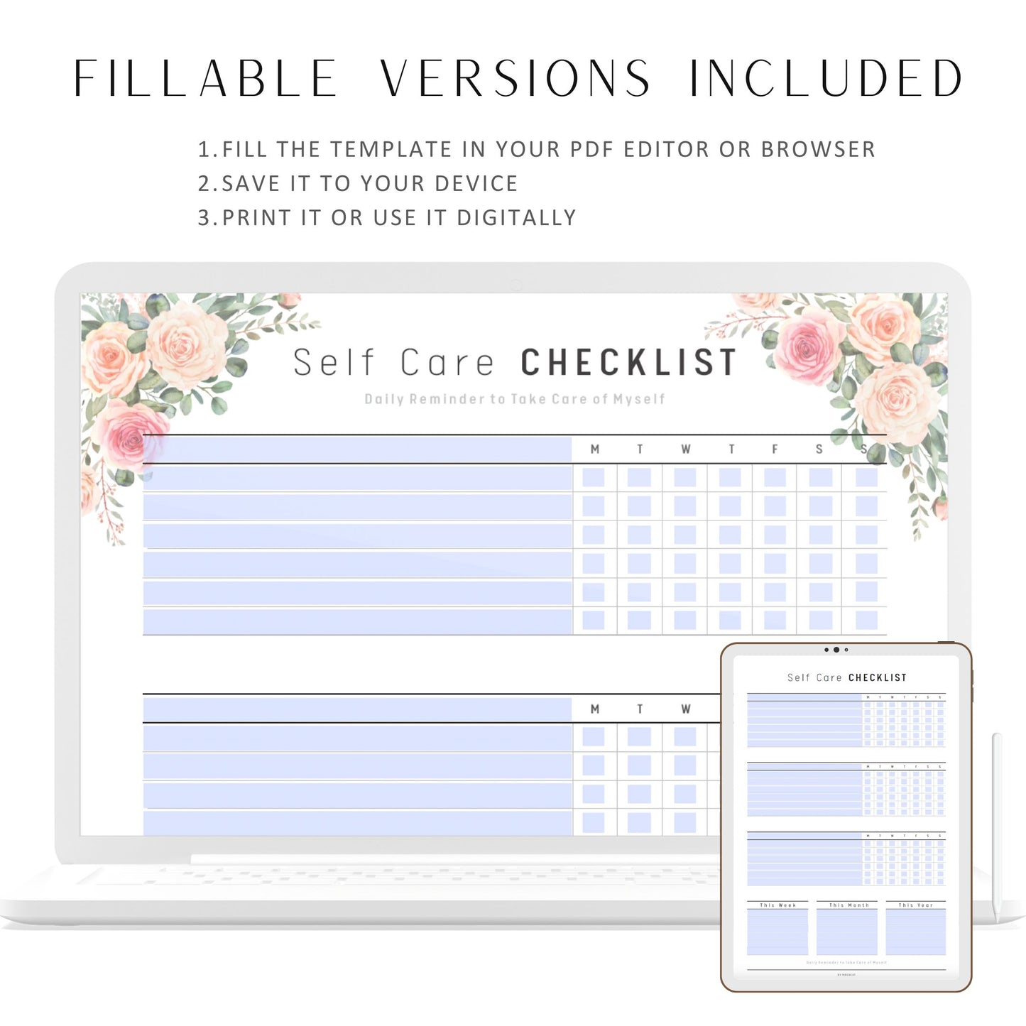 Fillable Self care planner, Self care checklist, Self care Journal, Wellness Journal, Wellness Tracker, Self Care Tracker, Weekly Tracker