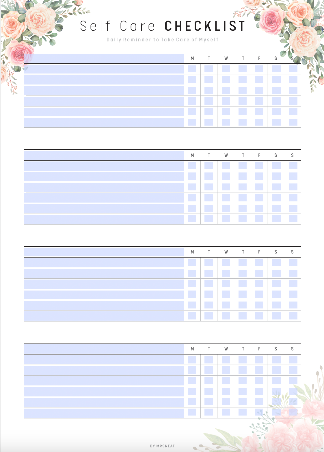 Fillable Self care planner, Self care checklist, Self care Journal, Wellness Journal, Wellness Tracker, Self Care Tracker, Weekly Tracker