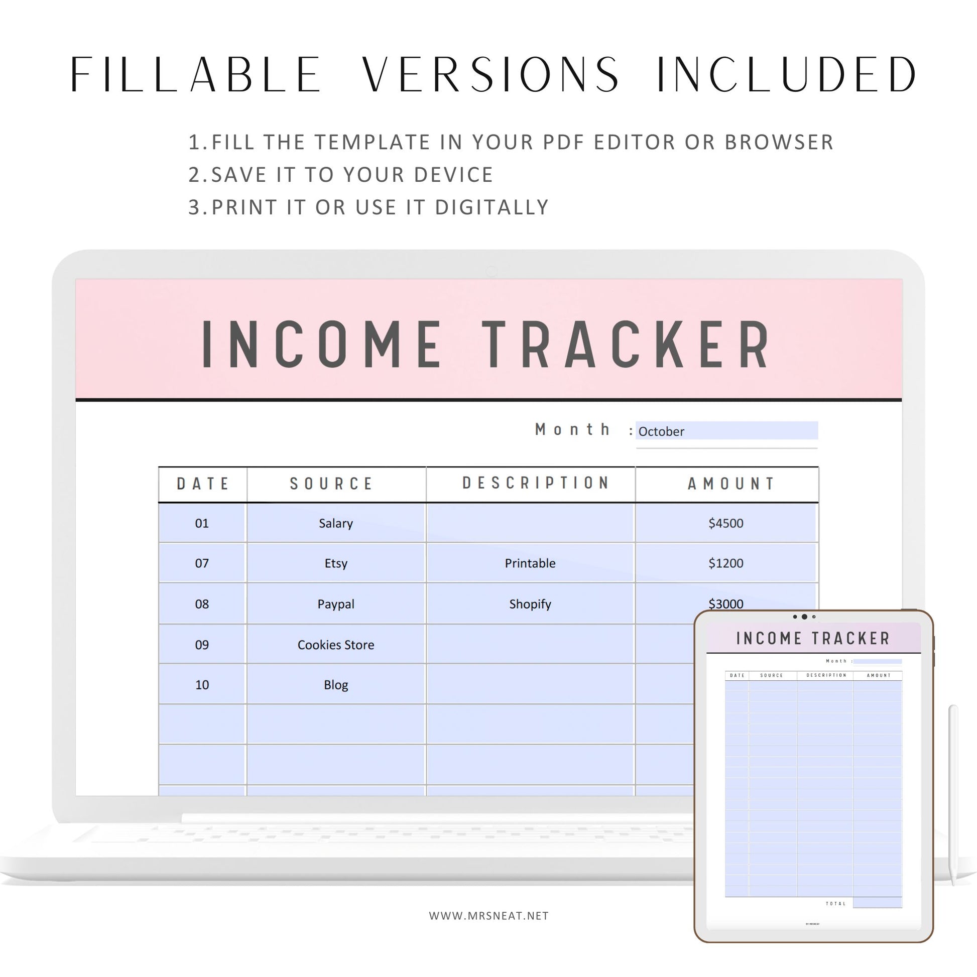 Income Tracker Printable Planner, A4, A5, Letter, Yellow Planner, Purple Planner, Pink Planner, Green Planner, Blue Planner, PDF Fillable, Printable Planner