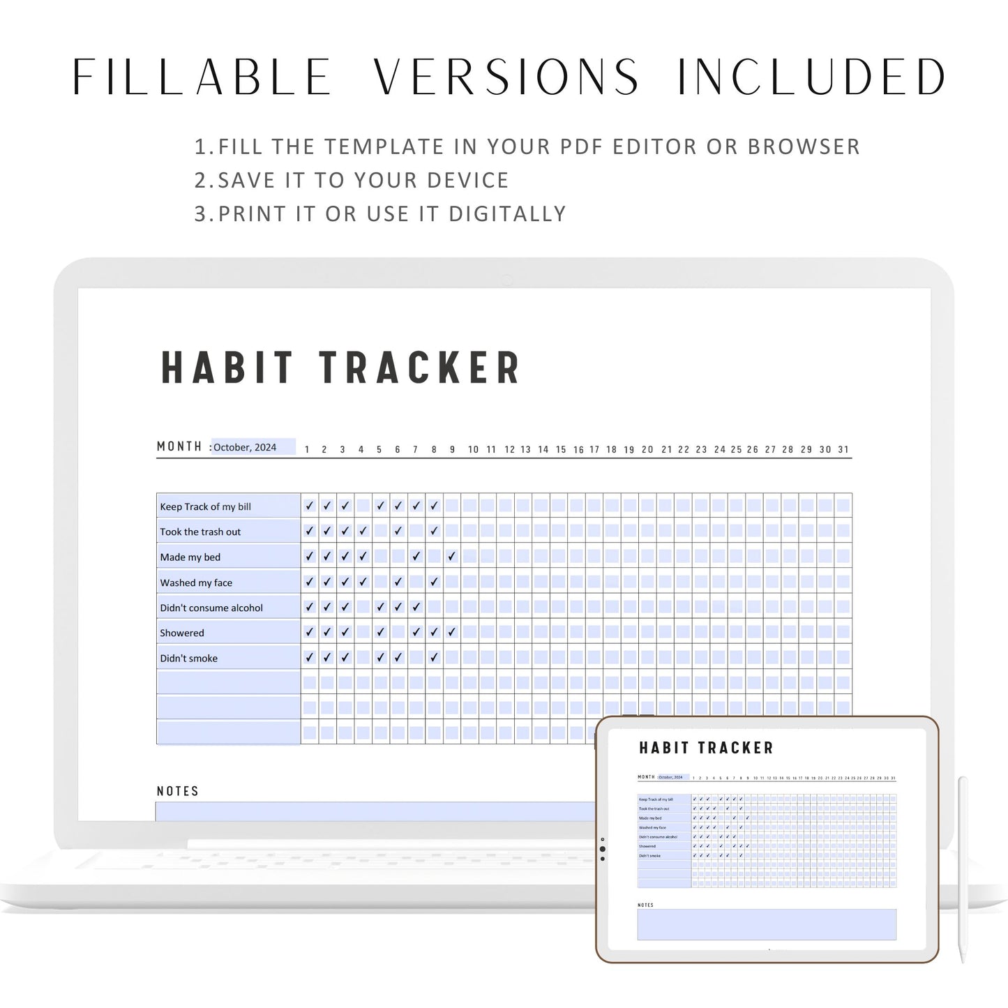 Monthly Habit Tracker Printable, Fillable Habit Tracker Landscape, PDF, Instant Download, A4, US Letter, Digital Planner, Fillable PDF, Printable Planner