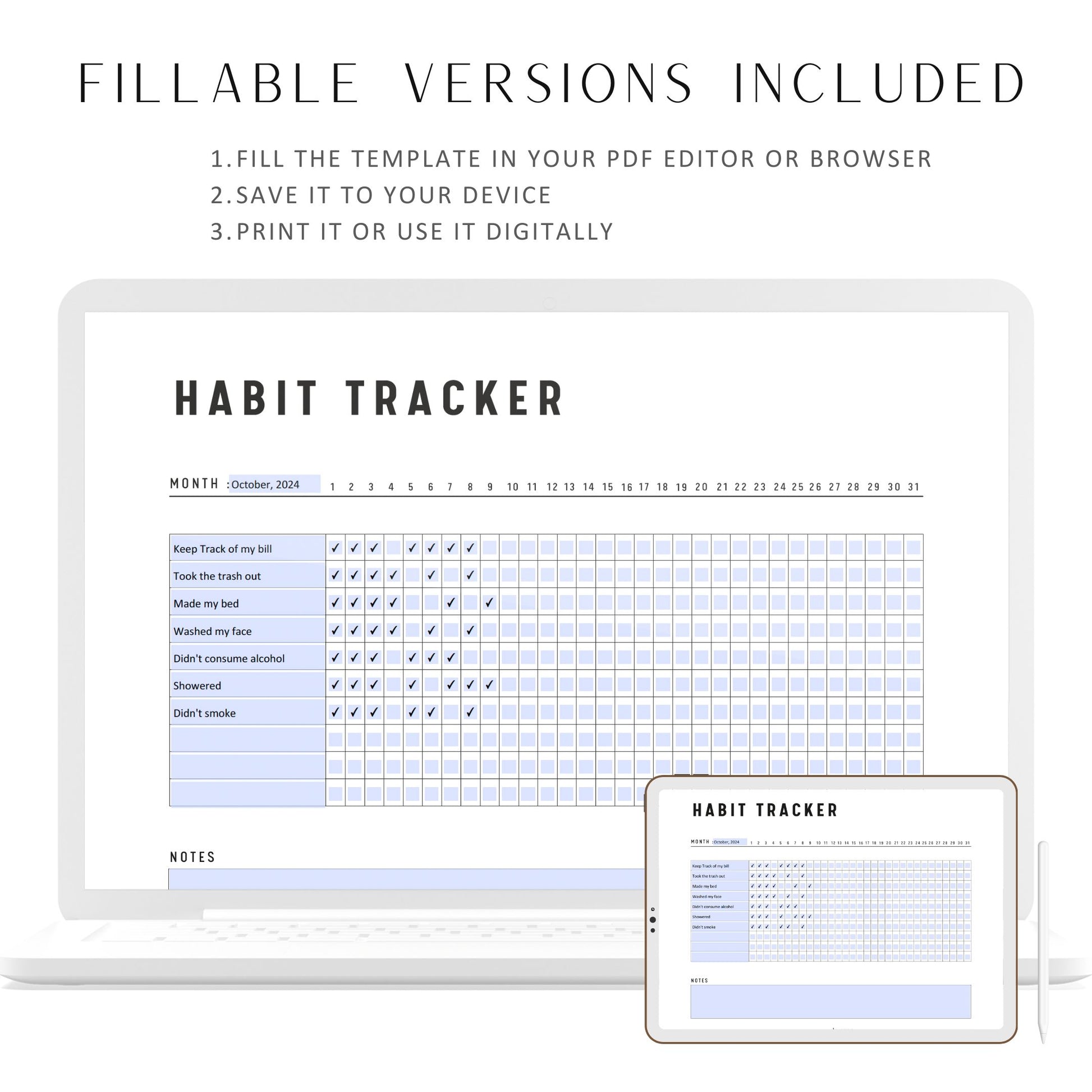 Monthly Habit Tracker Printable, Fillable Habit Tracker Landscape, PDF, Instant Download, A4, US Letter, Digital Planner, Fillable PDF, Printable Planner