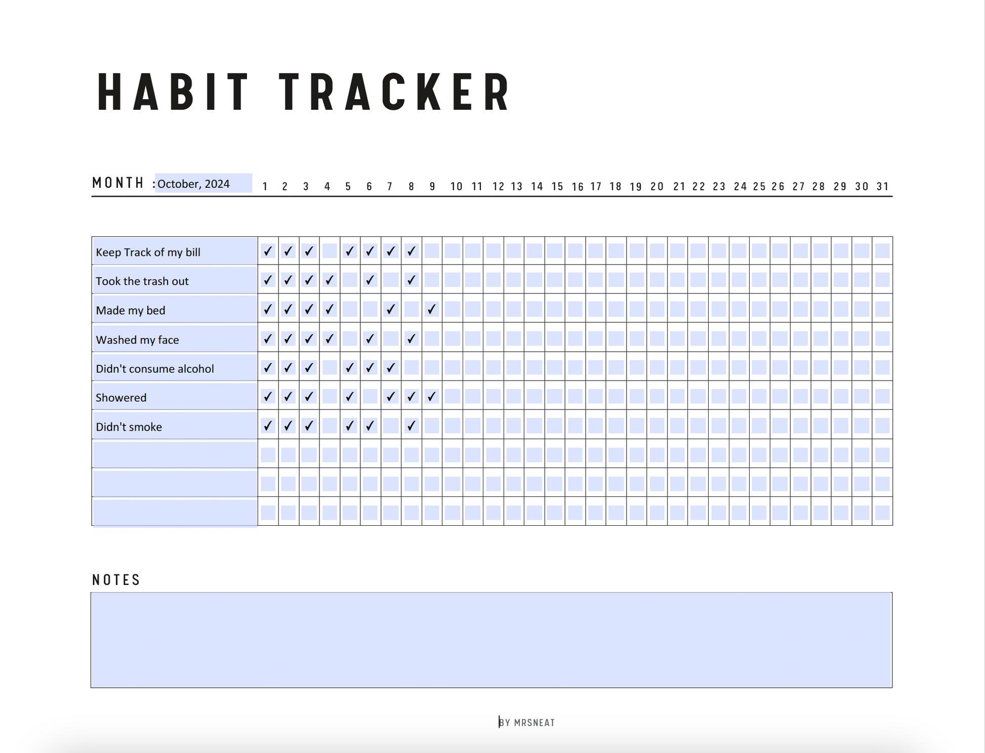 Monthly Habit Tracker Printable, Fillable Habit Tracker Landscape, PDF, Instant Download, A4, US Letter, Digital Planner, Fillable PDF, Printable Planner