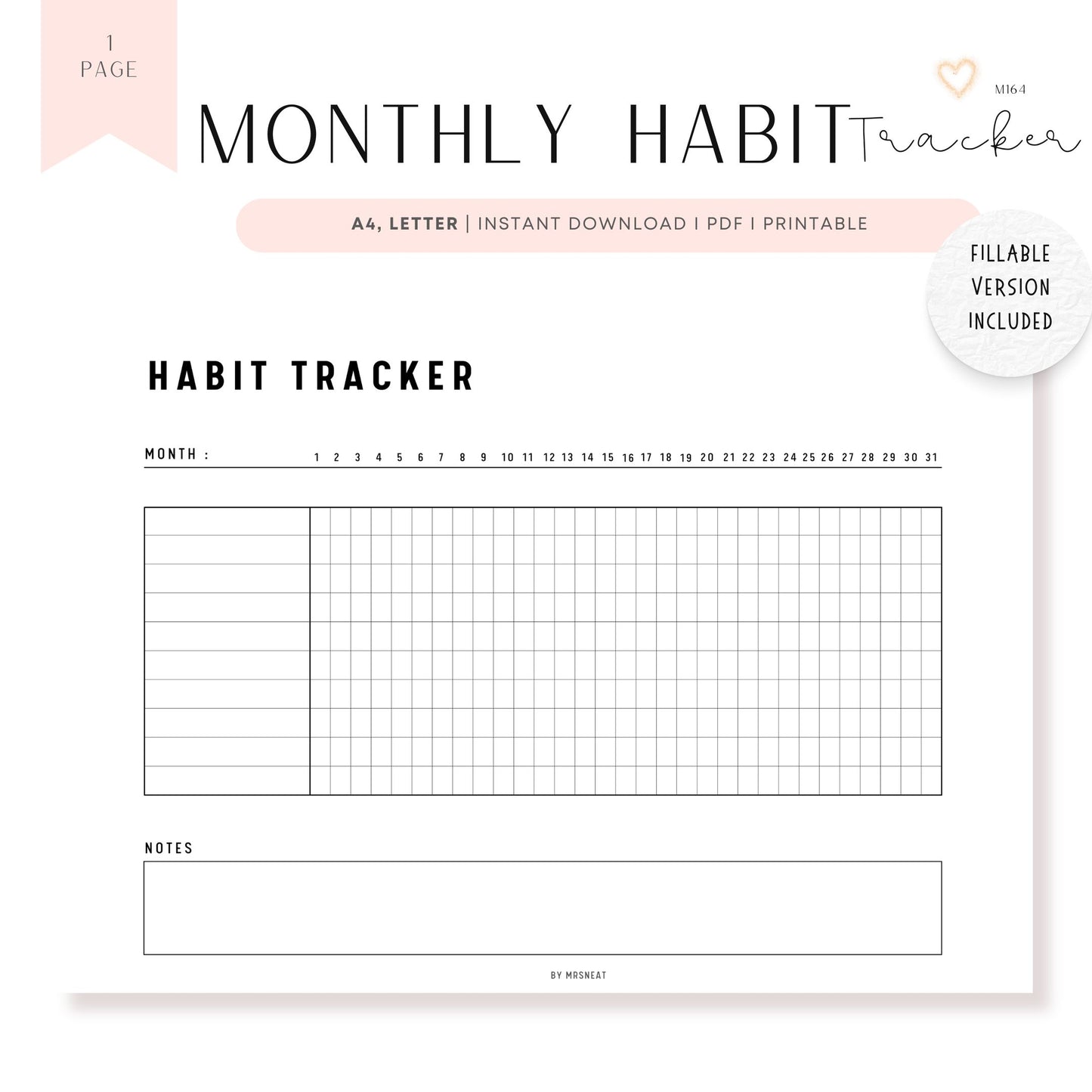 Monthly Habit Tracker Printable, Fillable Habit Tracker Landscape, Routine Tracker, Monthly Planner, PDF, Instant Download, A4, US Letter