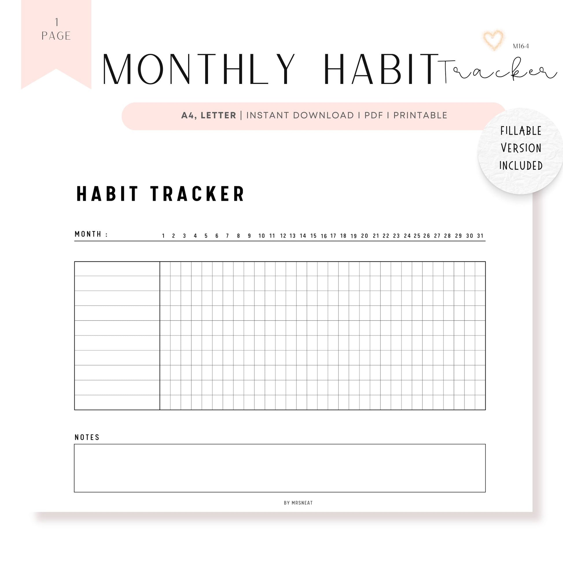 Monthly Habit Tracker Printable, Fillable Habit Tracker Landscape, Routine Tracker, Monthly Planner, PDF, Instant Download, A4, US Letter