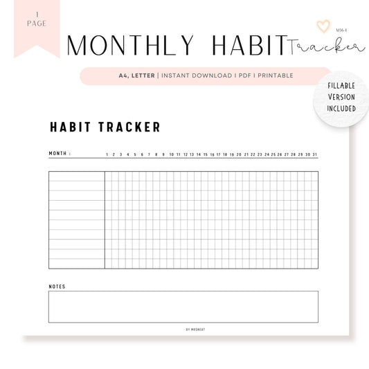 Monthly Habit Tracker Printable, Fillable Habit Tracker Landscape, Routine Tracker, Monthly Planner, PDF, Instant Download, A4, US Letter