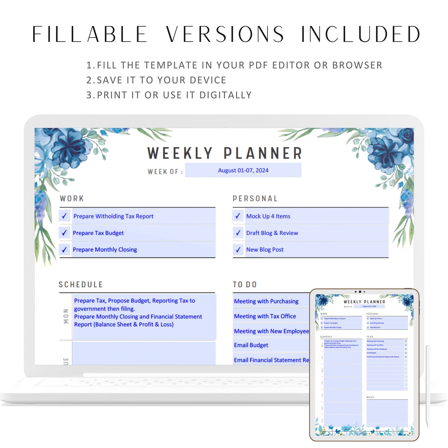 Weekly Planner Printable, Weekly Schedule Template, Fillable Weekly To Do List, Weekly Organizer, A4, A5, Letter, Half Letter, PDF