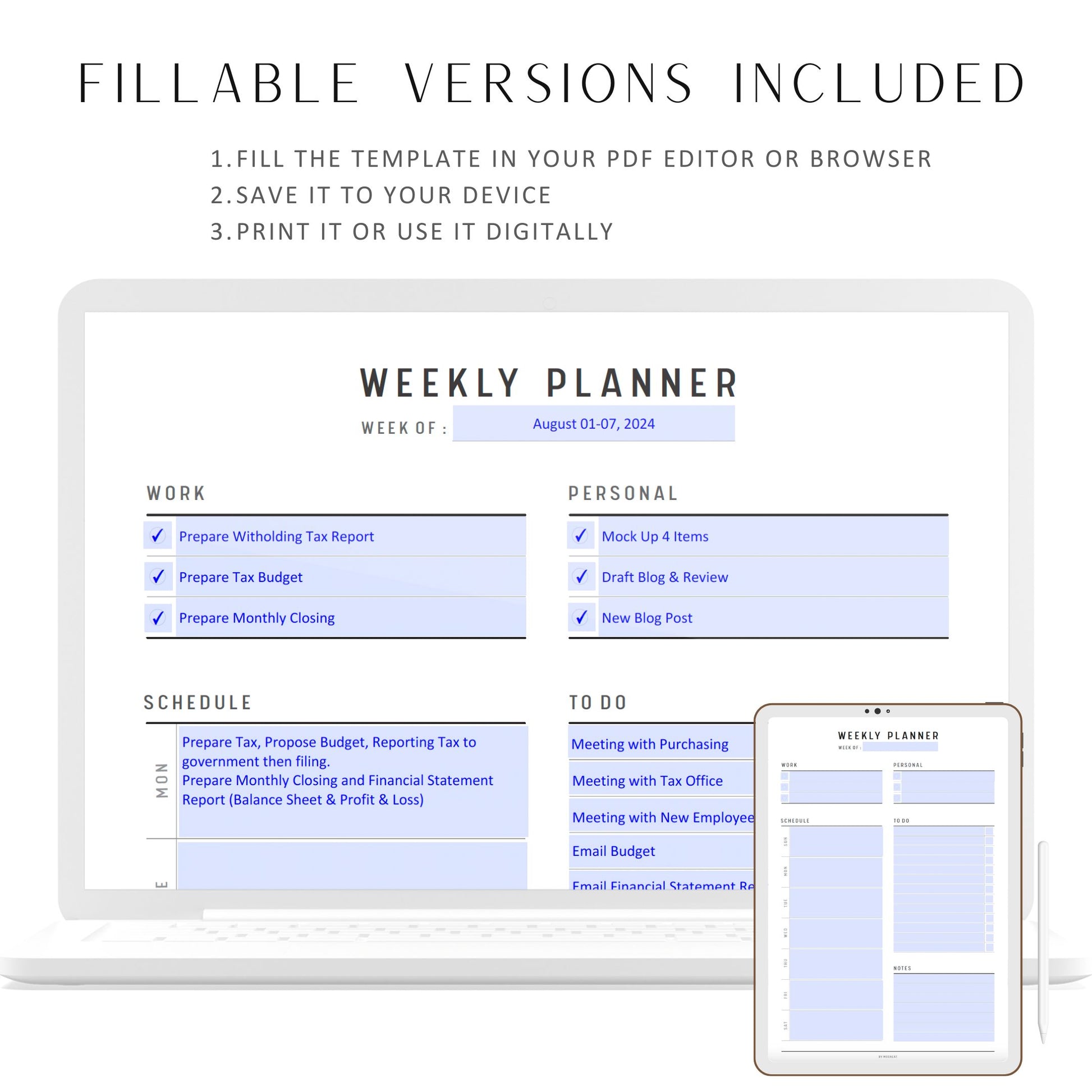 Fillable Weekly Planner Template, Weekly Schedule Printable, Weekly Organizer, Weekly Agenda, Weekly To Do, A4, A5, Letter, Half Letter, PDF, Digital Planner, Fillable PDF, Printable Planner