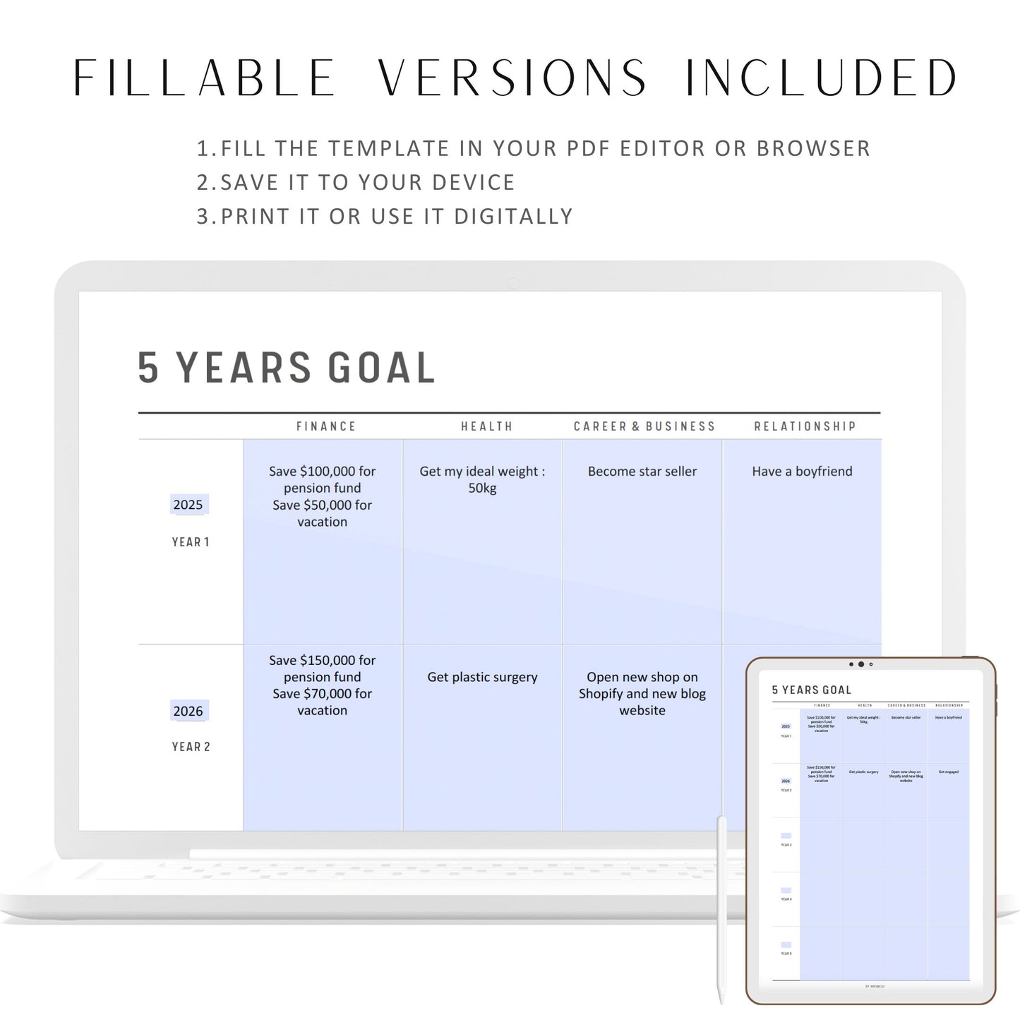 Fillable 5 Year Goal Planner, New Year Goals Printable, Top 5 Goals, Yearly Goals, Goal List, Annual Planning, A4, A5, Letter, Half Letter, Digital Planner, Fillable PDF, Printable Planner