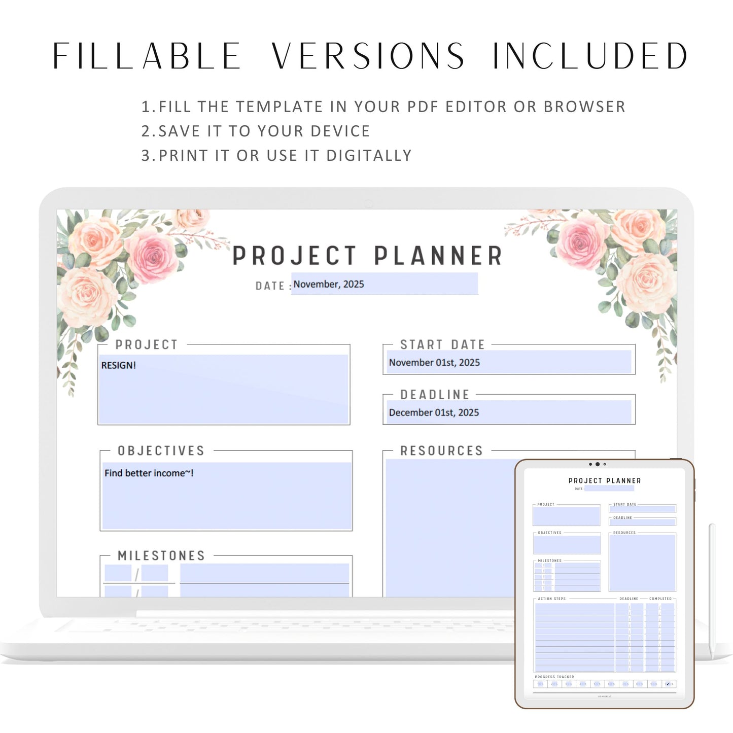 Fillable Project Planner Printable, Project Plan Template, PDF, A4, A5, Letter, Half Letter