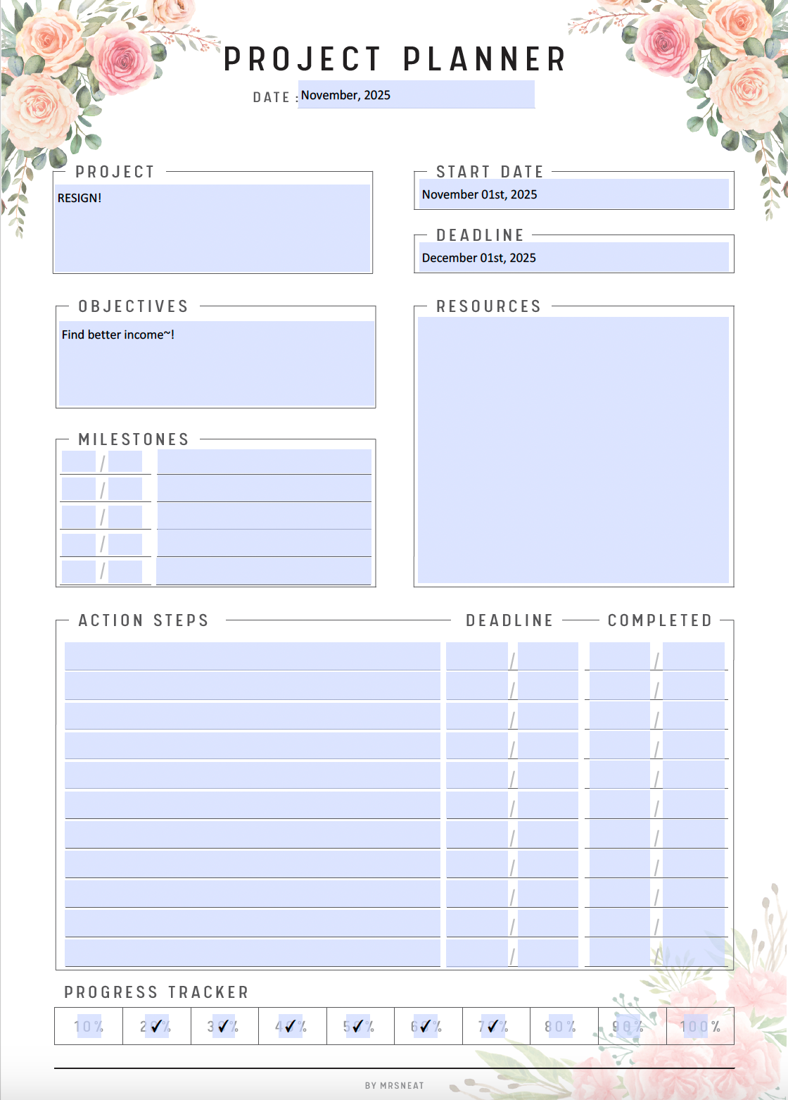 Fillable Project Planner Printable, Project Plan Template, PDF, A4, A5, Letter, Half Letter