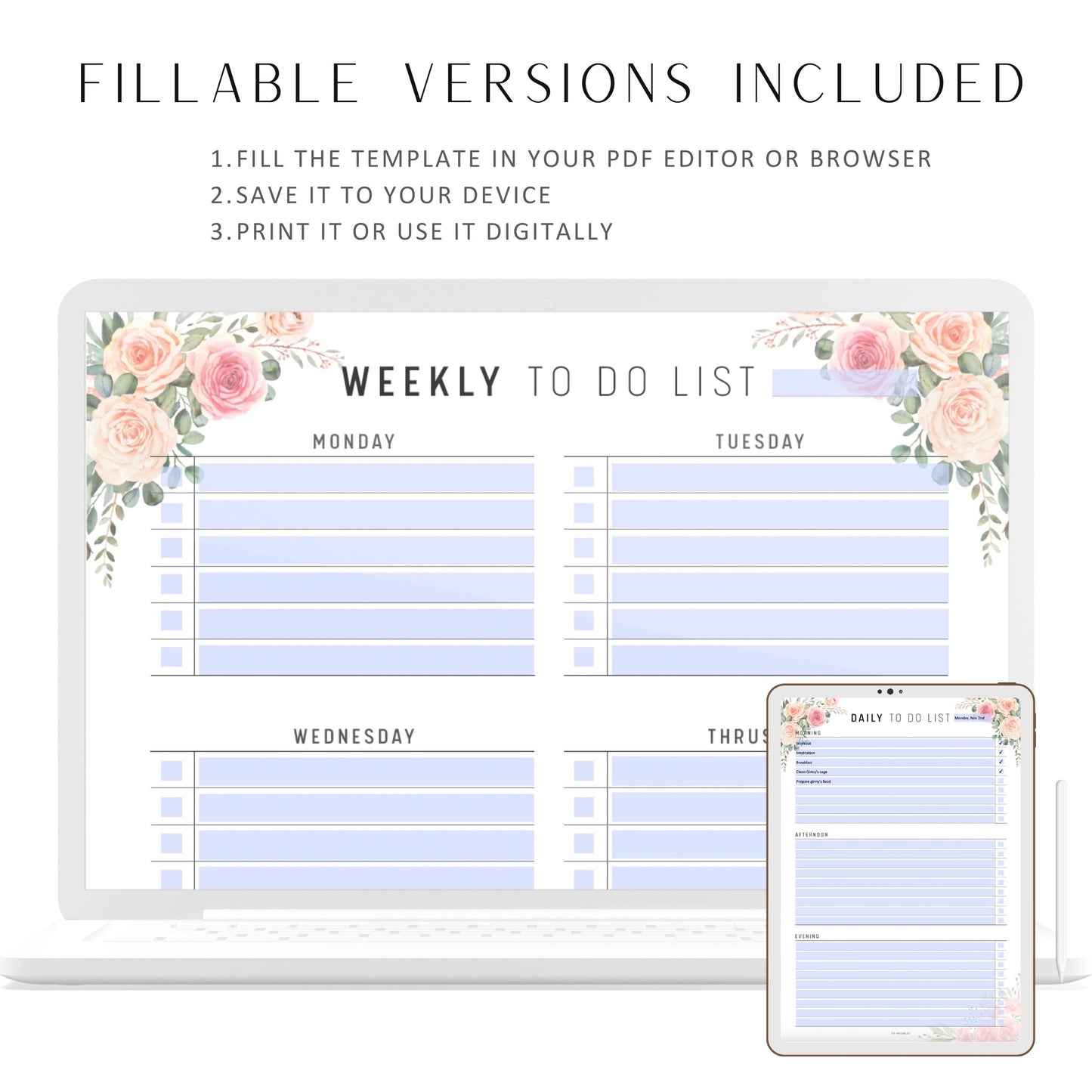 Fillable To Do List Printable, Daily To Do List, Weekly To Do Planner, Home Task Checklist, Organize List, A4, A5, Letter, Half Letter, PDF Fillable, Printable Planner, Digital Planner, Sunday & Monday start included