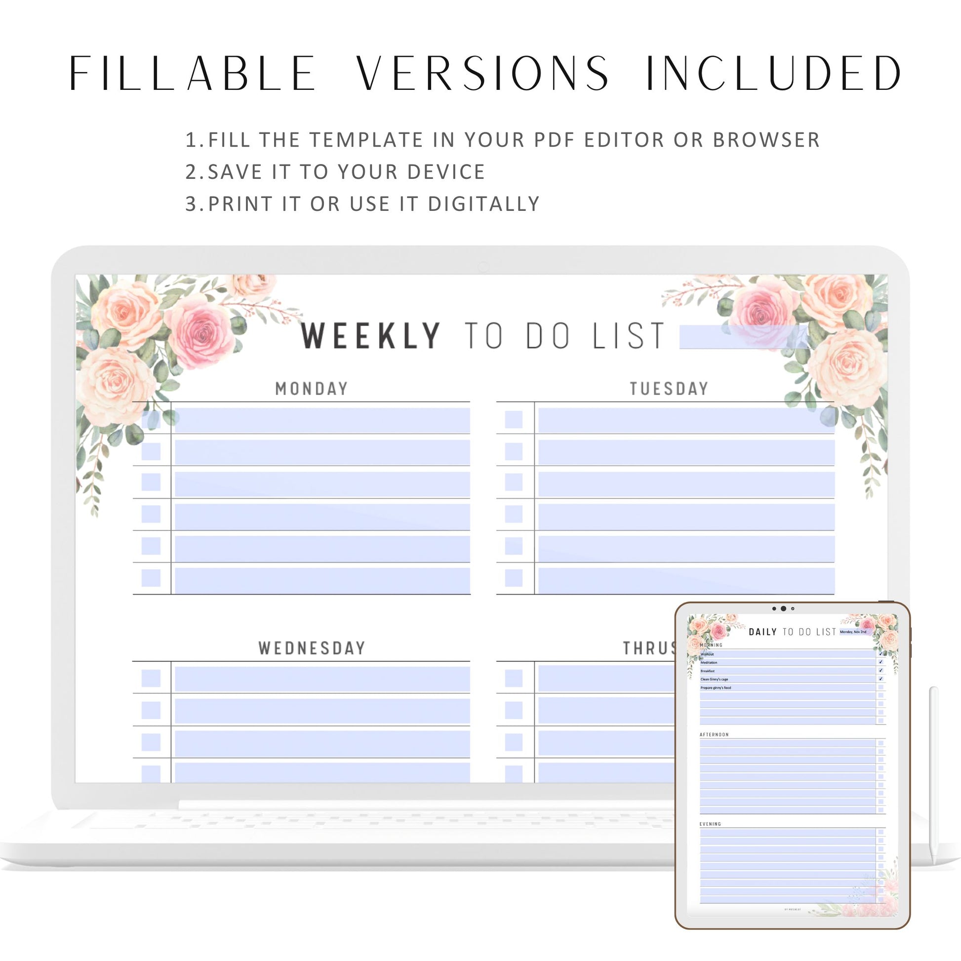 Fillable To Do List Printable, Daily To Do List, Weekly To Do Planner, Home Task Checklist, Organize List, A4, A5, Letter, Half Letter, PDF Fillable, Printable Planner, Digital Planner, Sunday & Monday start included